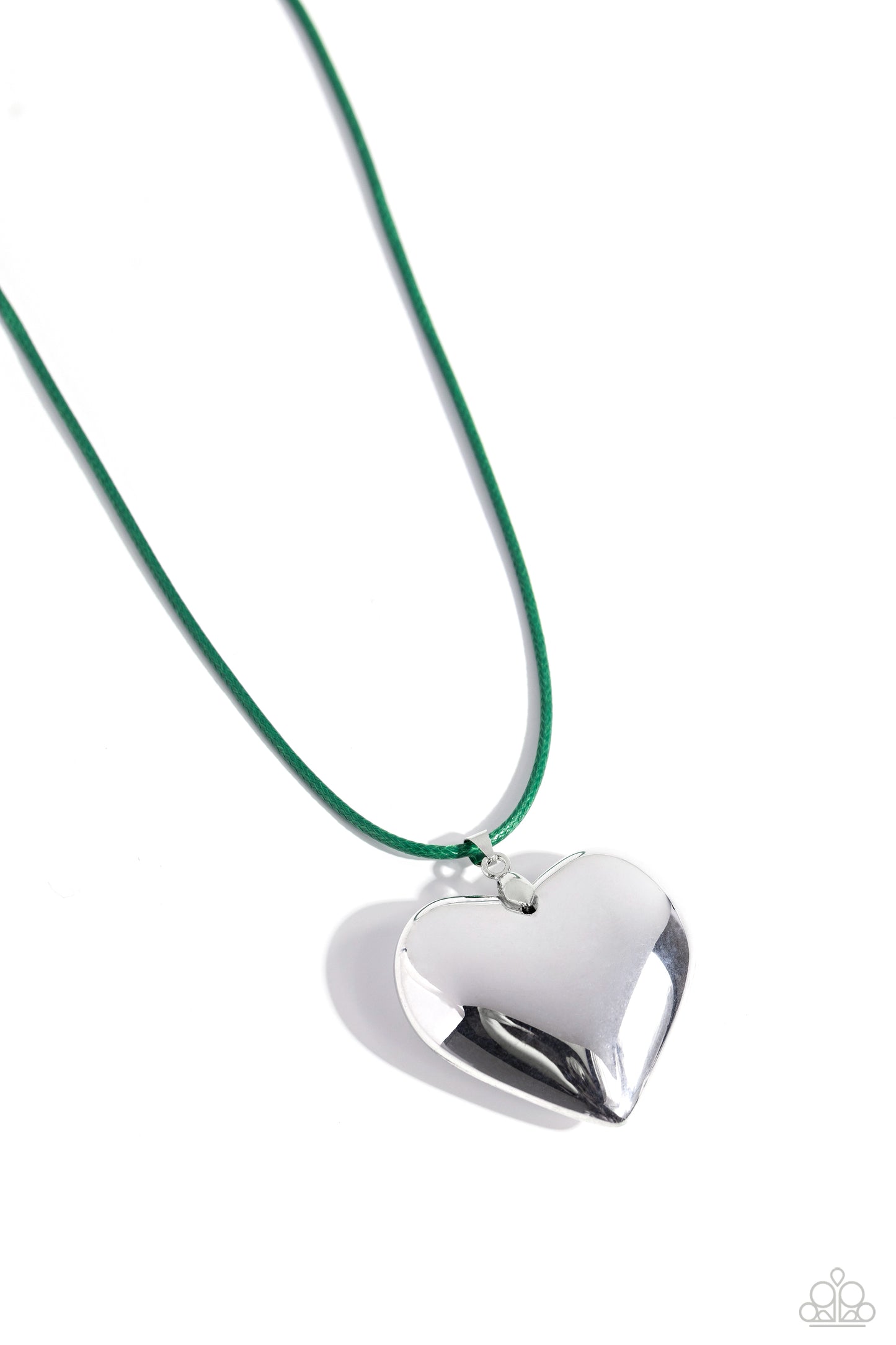 Paparazzi Accessories Devoted Daze - Green An oversized, sleek silver heart glides along a vibrant green cord, creating a flirtatious pendant below the collar. Features an adjustable clasp closure. Sold as one individual necklace. Includes one pair of mat