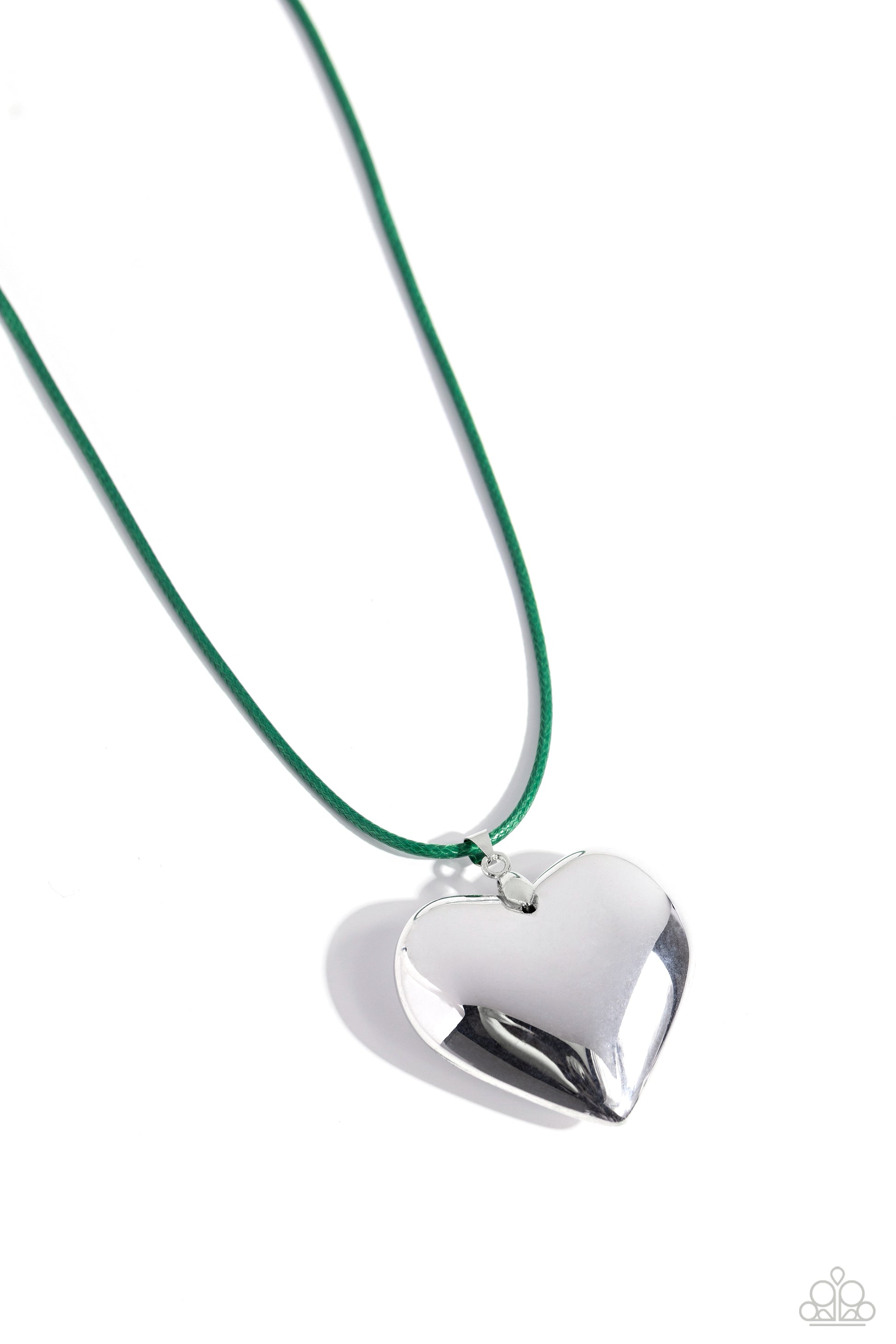 Paparazzi Accessories Devoted Daze - Green An oversized, sleek silver heart glides along a vibrant green cord, creating a flirtatious pendant below the collar. Features an adjustable clasp closure. Sold as one individual necklace. Includes one pair of mat