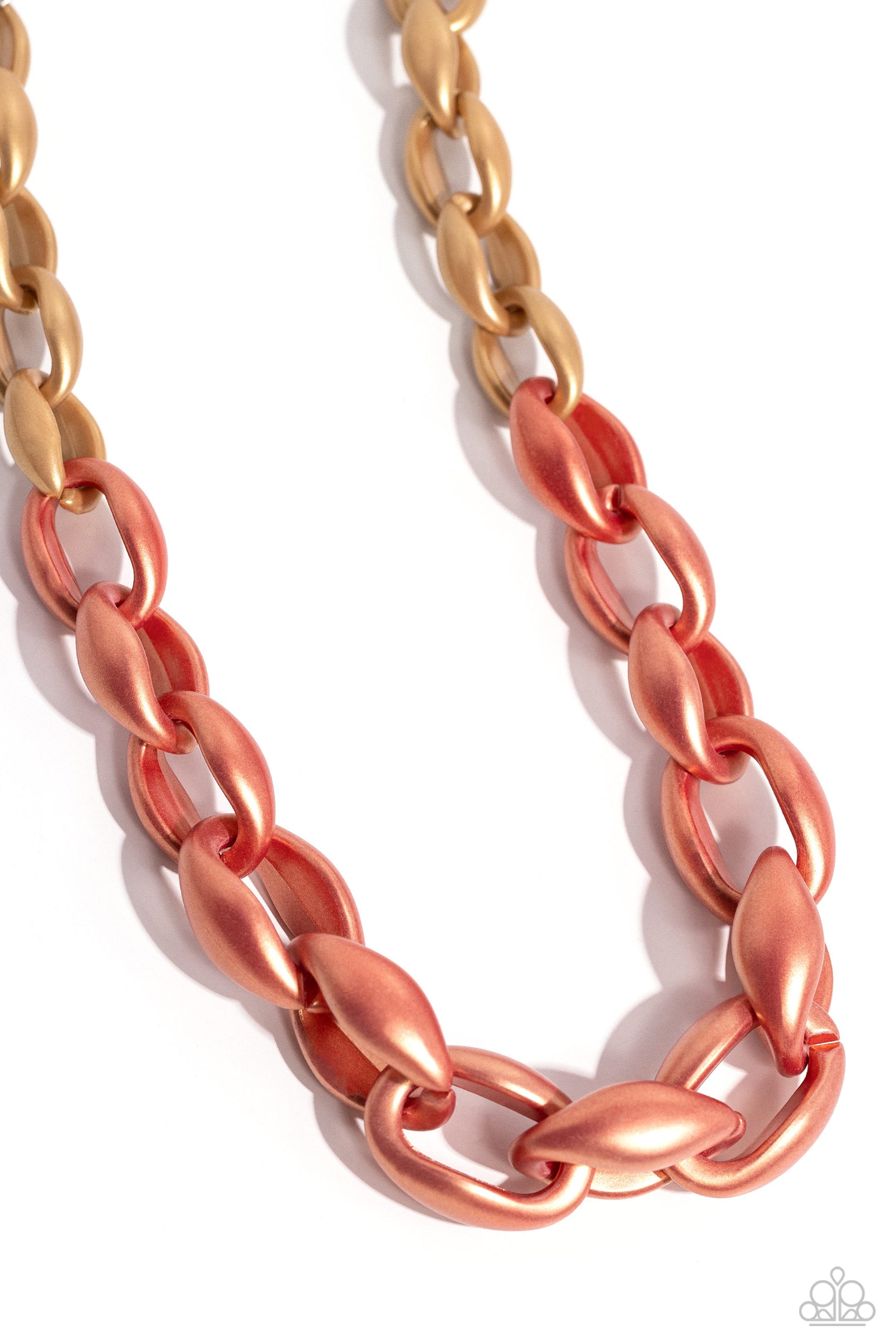 Paparazzi Accessories Statement Season - Orange Burnt Sienna and Doe concaved hoops gradually increase in size as they elongate towards the middle of the neckline for a colorful combination. Features an adjustable clasp closure. Sold as one individual nec