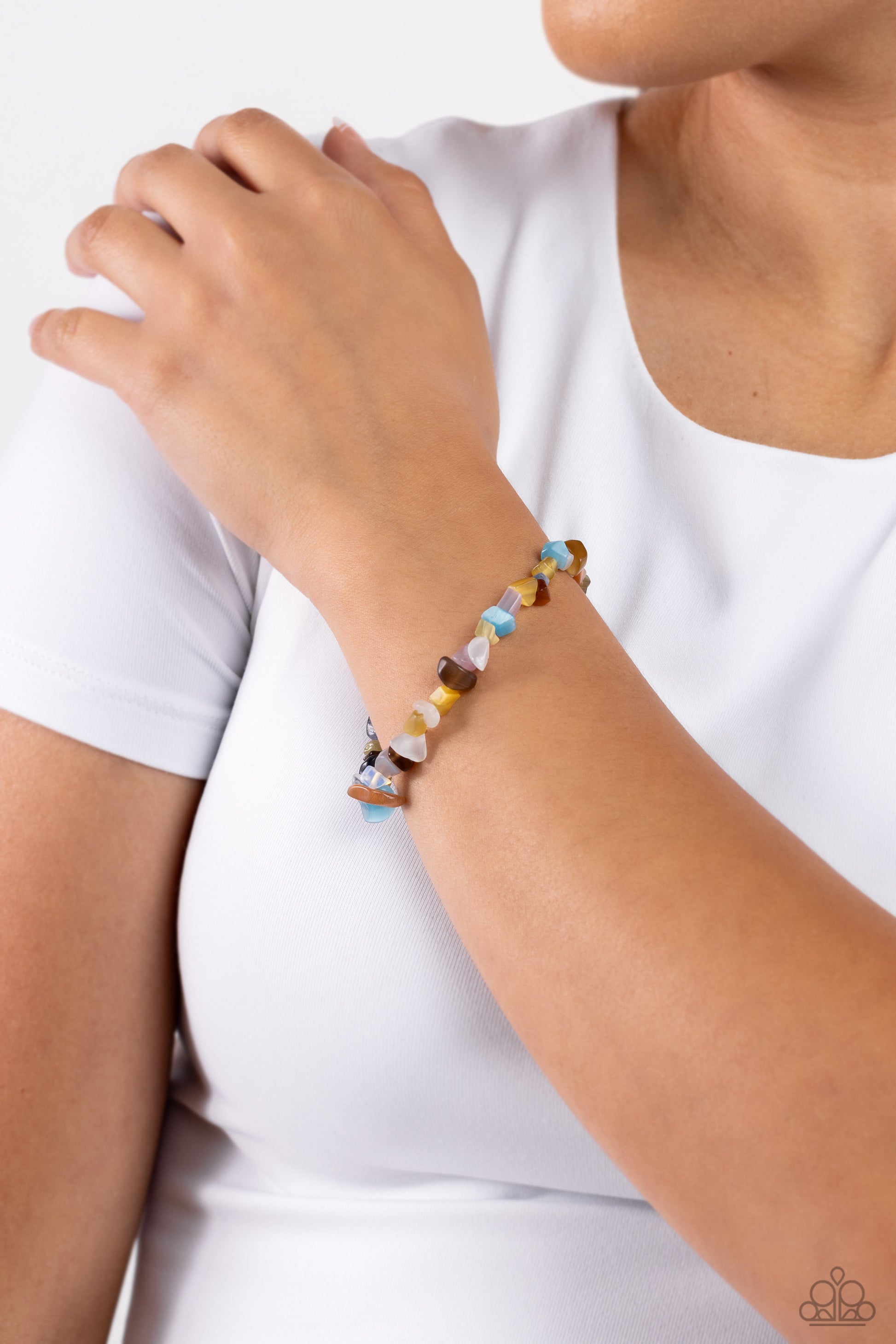 Paparazzi Accessories Chiseled Cameo - Multi An earthy collection of multicolored chiseled pebbles are threaded along a stretchy band around the wrist in a free-spirited pattern. Sold as one individual bracelet. Jewelry