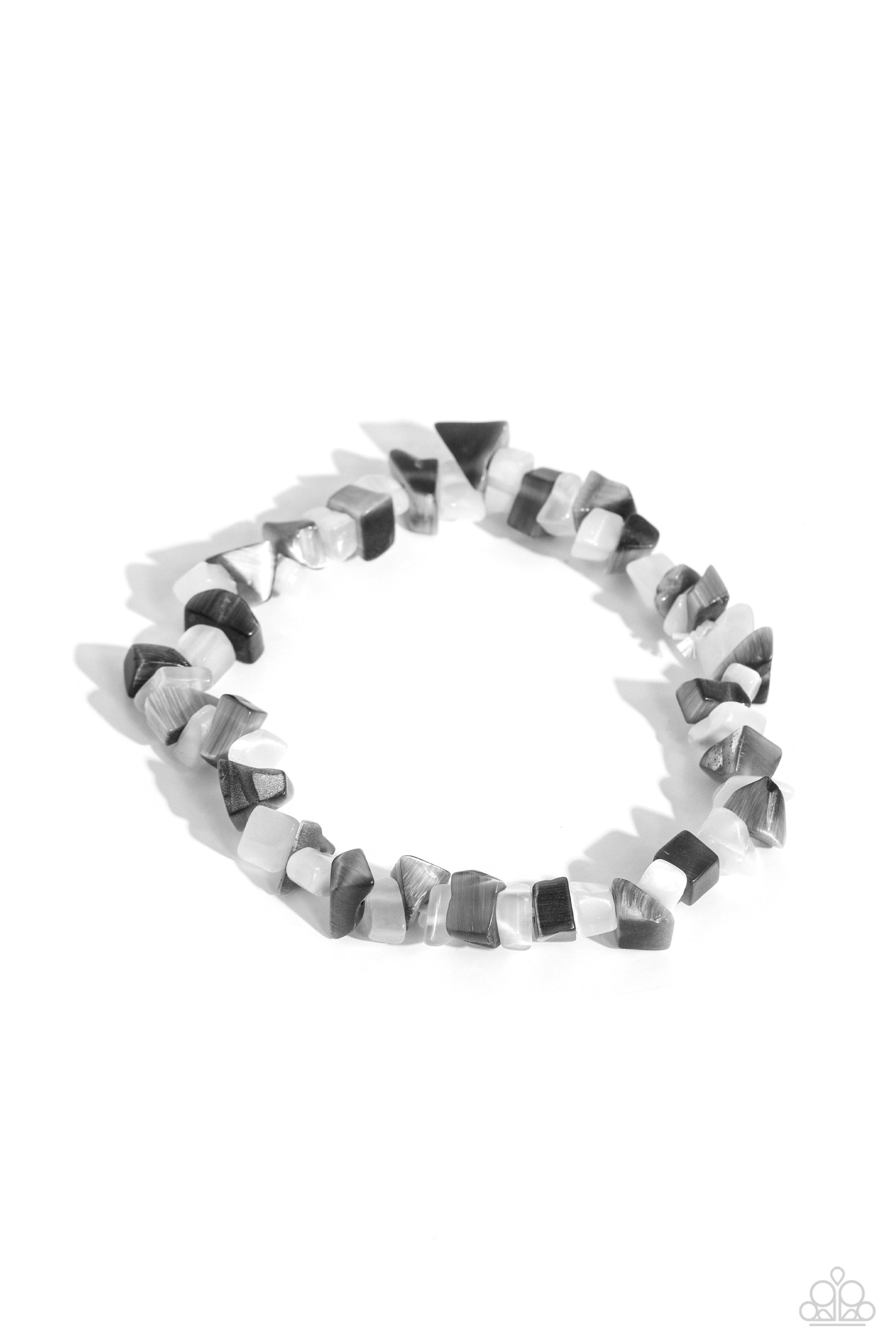 Paparazzi Accessories Chiseled Cameo - Silver An earthy collection of gray and white chiseled pebbles are threaded along a stretchy band around the wrist in a free-spirited pattern. Sold as one individual bracelet. Jewelry