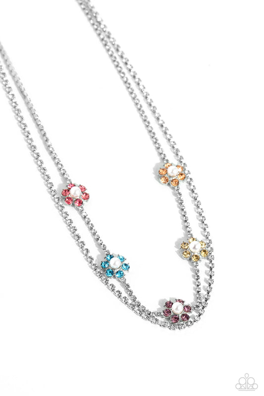 Paparazzi Accessories A SQUARE Beauty - Multi Featuring silver square fittings, white rhinestones cascade into two layers below the collar adding glitzy movement to the sparkling centerpiece. Infused along the uppermost chain, a glitzy collection of pearl