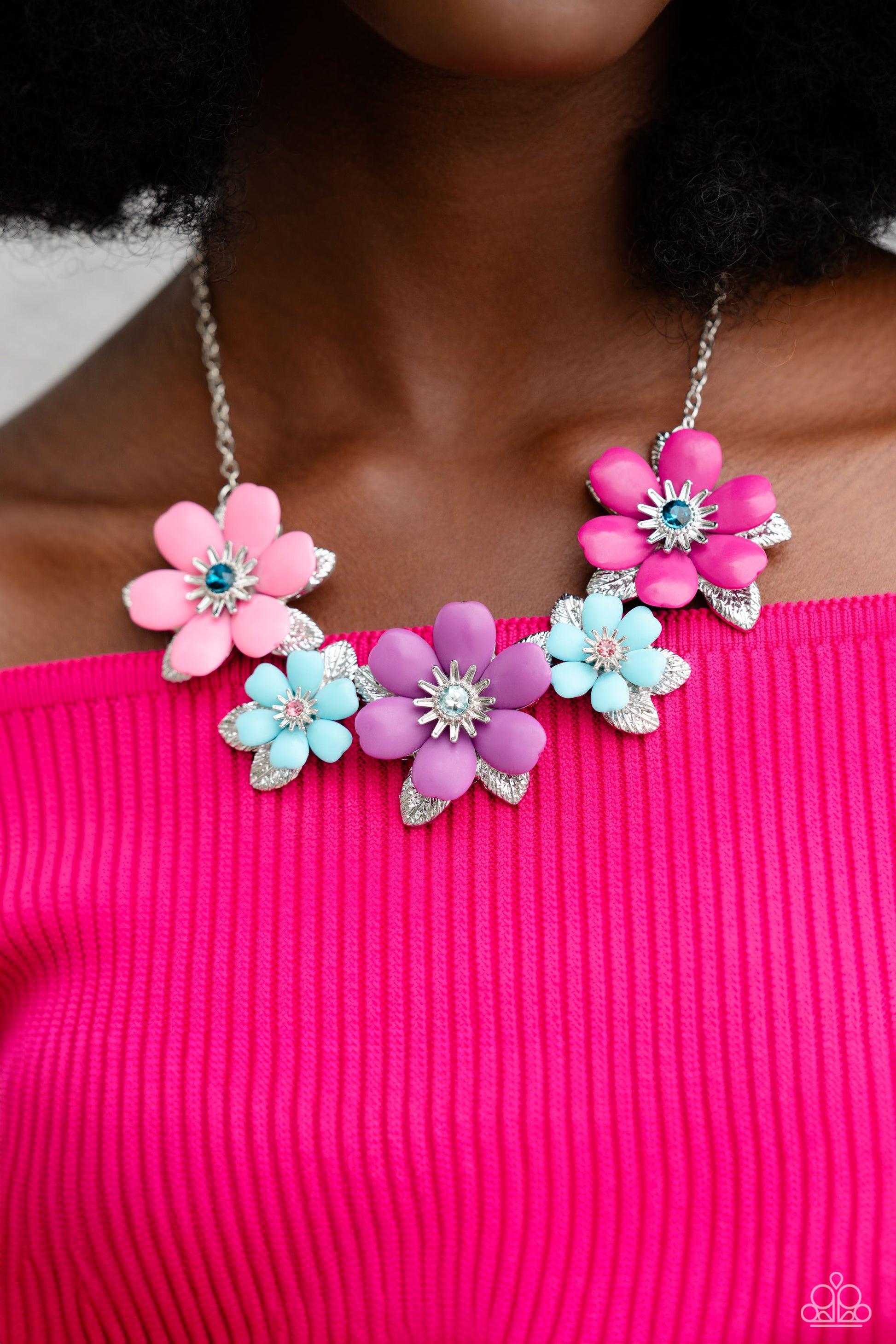 Paparazzi Accessories Well-Mannered Whimsy - Pink Dotted with dainty Harbor Blue, aquamarine, and rose rhinestone centers, dainty silver flowers bloom against a backdrop of glossy acrylic flowers in Aurora Pink, Rose Violet, Cattleya Orchid, and Spun Suga