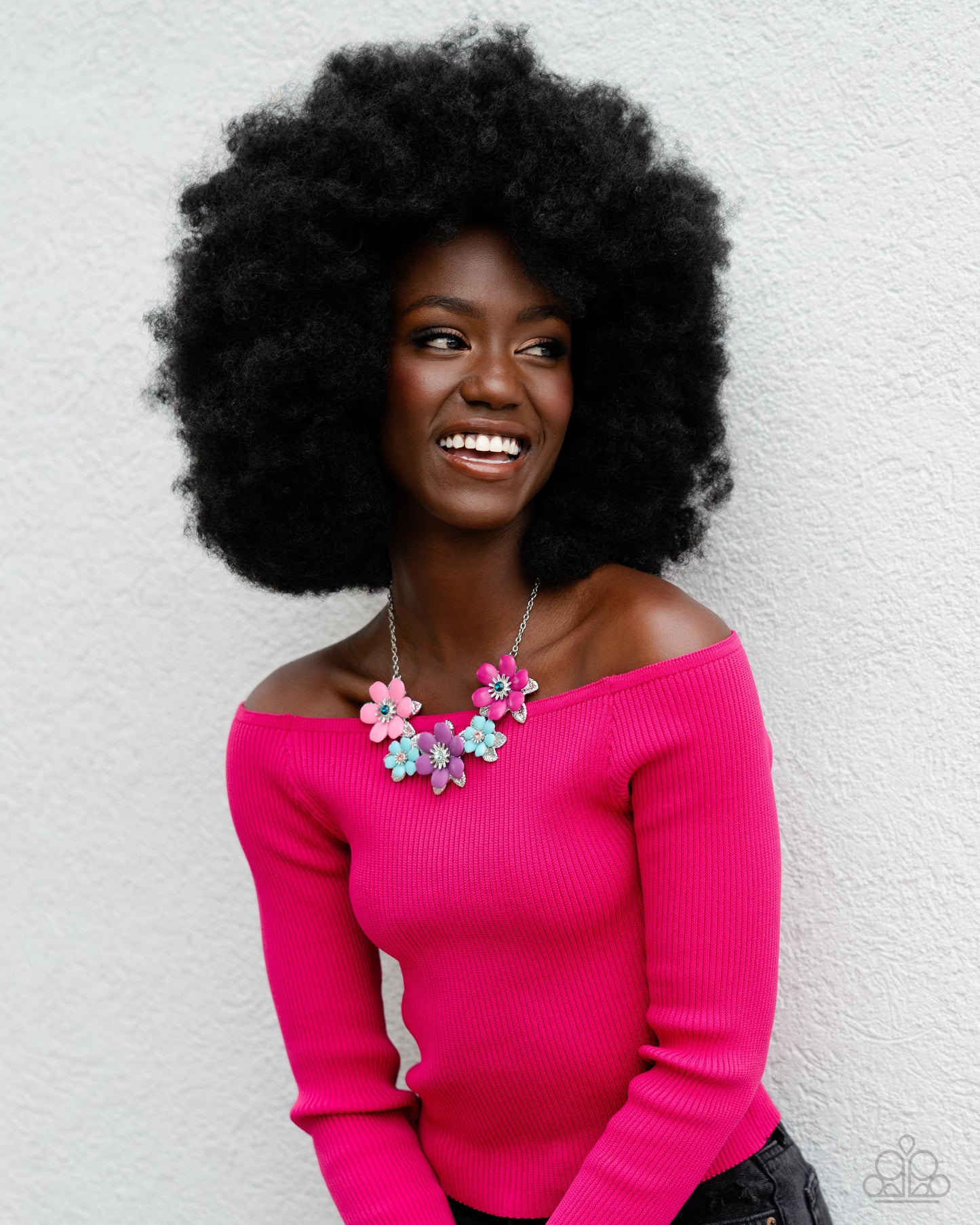 Paparazzi Accessories Well-Mannered Whimsy - Pink Dotted with dainty Harbor Blue, aquamarine, and rose rhinestone centers, dainty silver flowers bloom against a backdrop of glossy acrylic flowers in Aurora Pink, Rose Violet, Cattleya Orchid, and Spun Suga