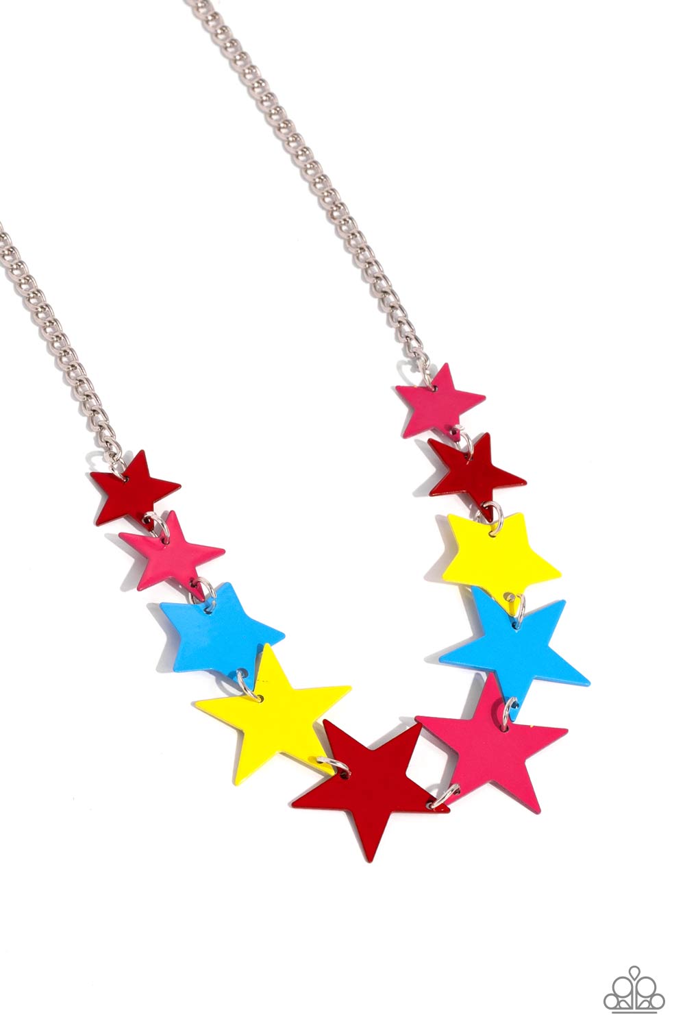 Paparazzi Accessories Starstruck Season - Red Featuring various sizes, a collection of red, High Visibility, Poppy Red, and blue stars cascade around the neckline, on a classic silver chain creating an intense, starstruck statement. Features an adjustable
