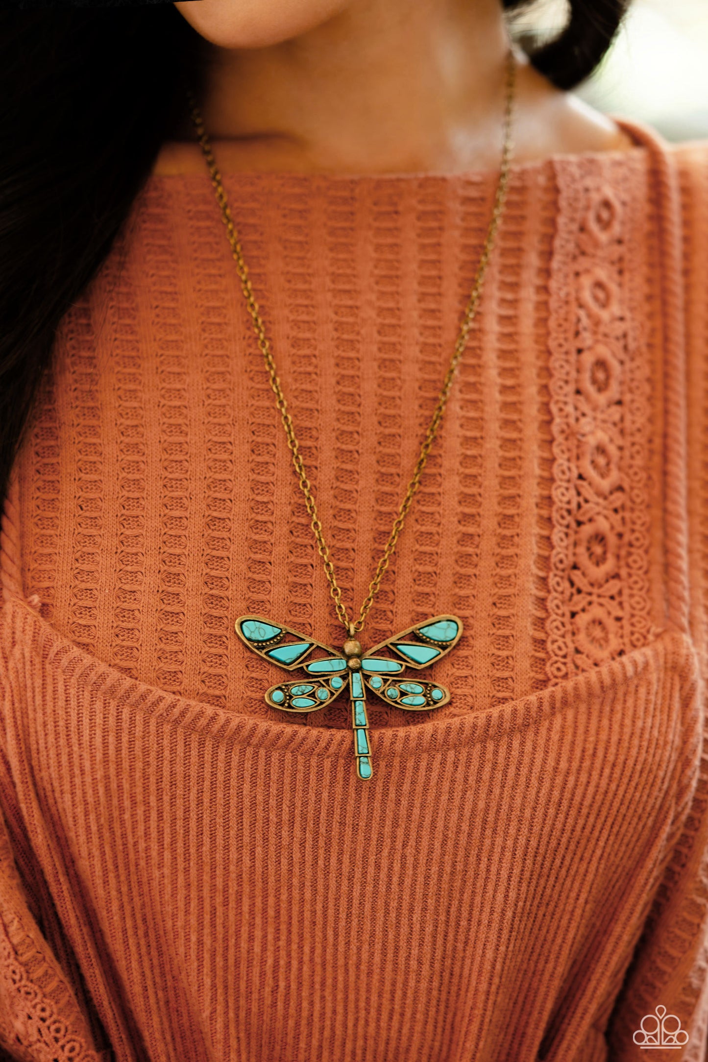 Paparazzi Accessories FLYING Low - Brass Featuring a classic brass chain, various cuts of turquoise stone are passed into an oversized, airy brass dragonfly pendant for a rustically earthy centerpiece. Features an adjustable clasp closure. As the stone el