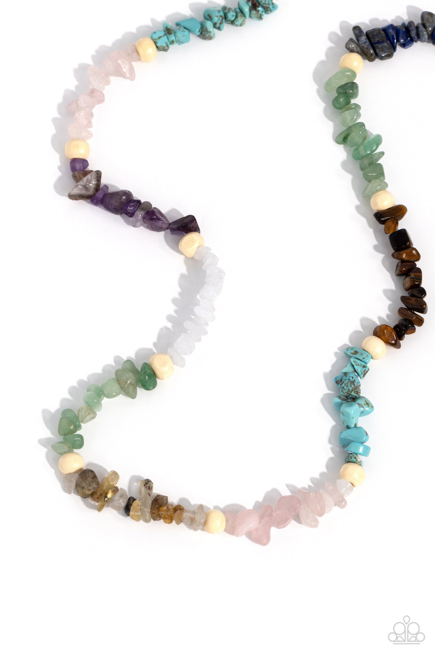 Paparazzi Accessories Soothing Stones - Multi Infused on an invisible wire, chiseled turquoise, jade, rose quartz, lapis, amethyst, clear white, gray, and tiger's eye stones coalesce around the collar for a colorfully, earthy statement. White wood beads s