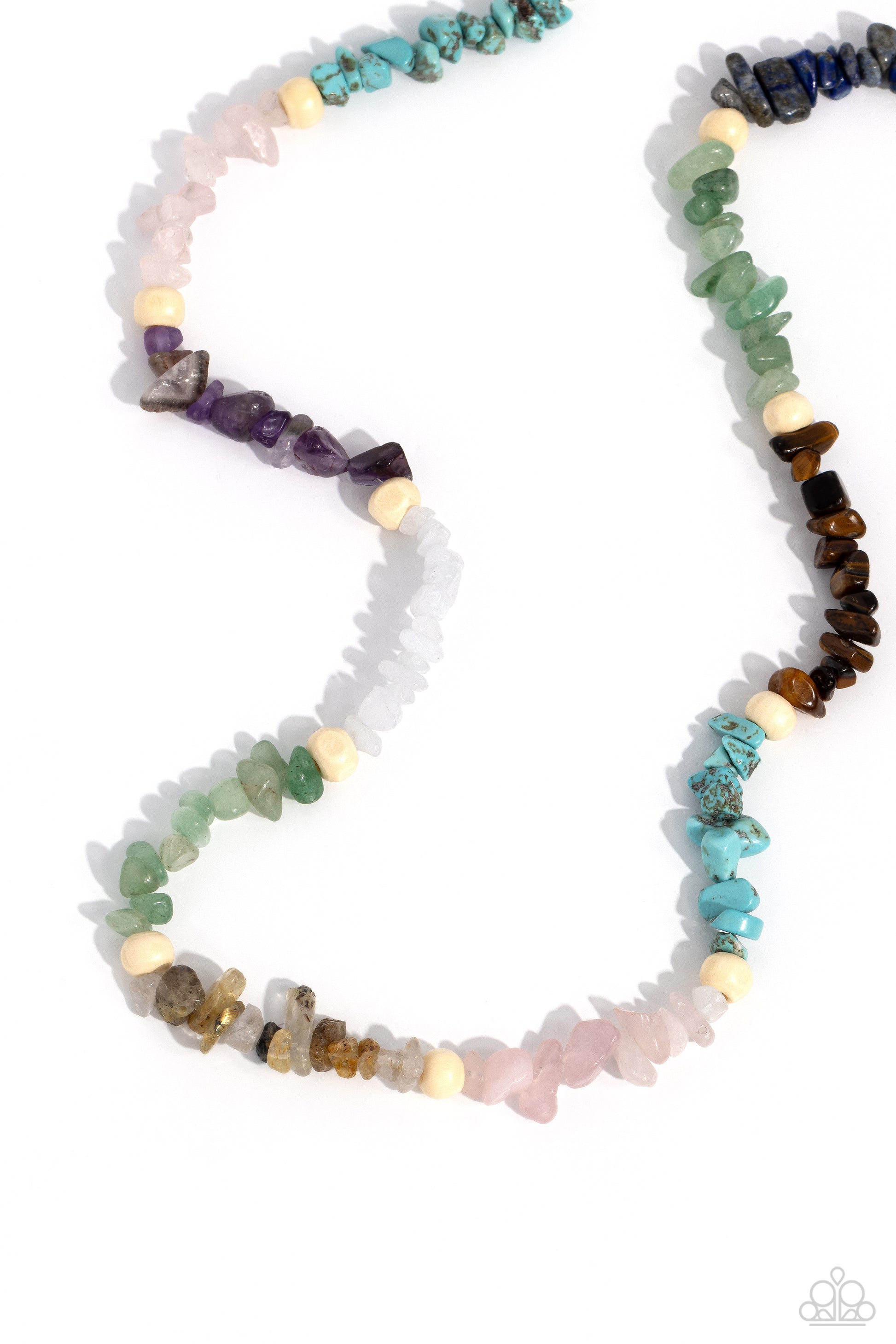 Paparazzi Accessories Soothing Stones - Multi Infused on an invisible wire, chiseled turquoise, jade, rose quartz, lapis, amethyst, clear white, gray, and tiger's eye stones coalesce around the collar for a colorfully, earthy statement. White wood beads s
