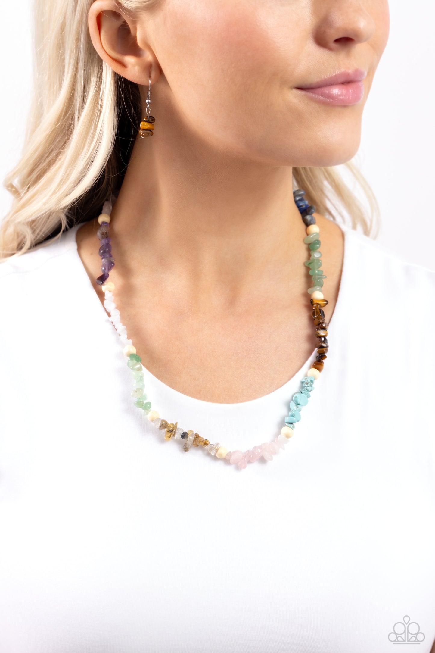 Paparazzi Accessories Soothing Stones - Multi Infused on an invisible wire, chiseled turquoise, jade, rose quartz, lapis, amethyst, clear white, gray, and tiger's eye stones coalesce around the collar for a colorfully, earthy statement. White wood beads s