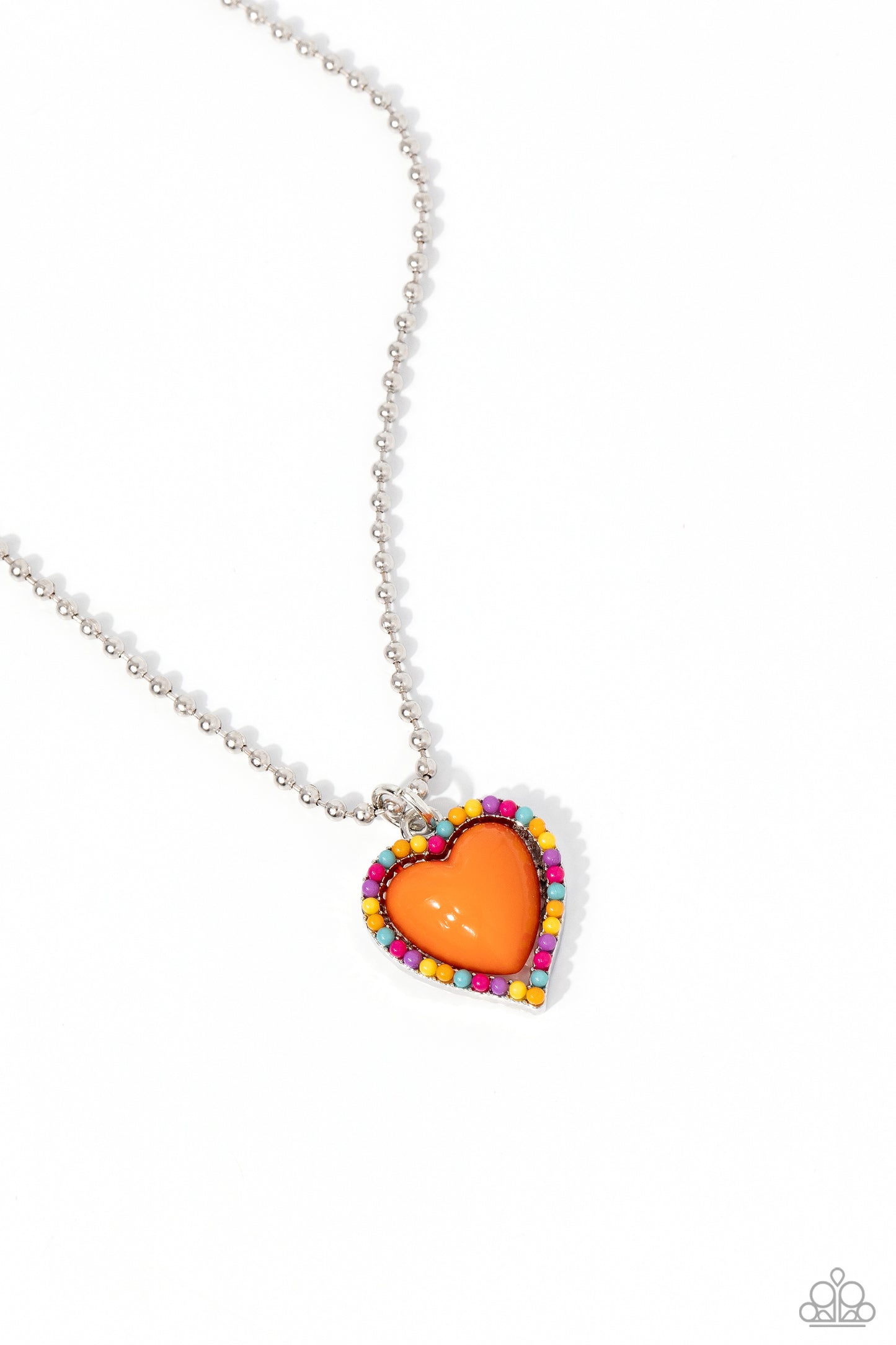 Paparazzi Accessories Romantic Ragtime - Orange Featuring an acrylic orange center, a charming heart pendant, enveloped in dainty Pink Peacock, orange, yellow, tiffany, and lavender acrylic beads, is suspended from a strand of silver ball chain below the