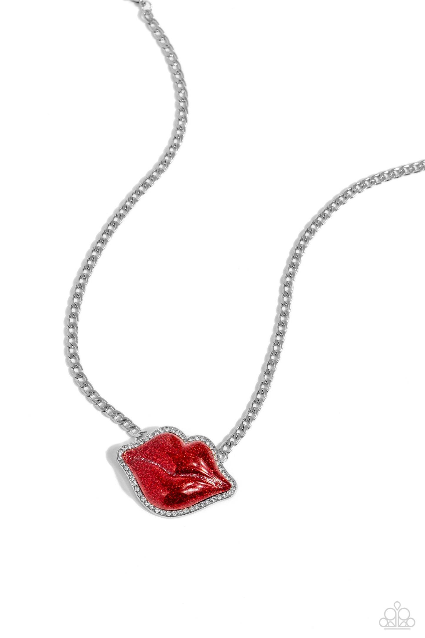 Paparazzi Accessories Lip Locked - Red Featuring a glittery finish, an oversized red lip pendant swings from the bottom of a silver link chain below the collar for a romantic statement. White rhinestones border the charm for additional stunning detail. Fe