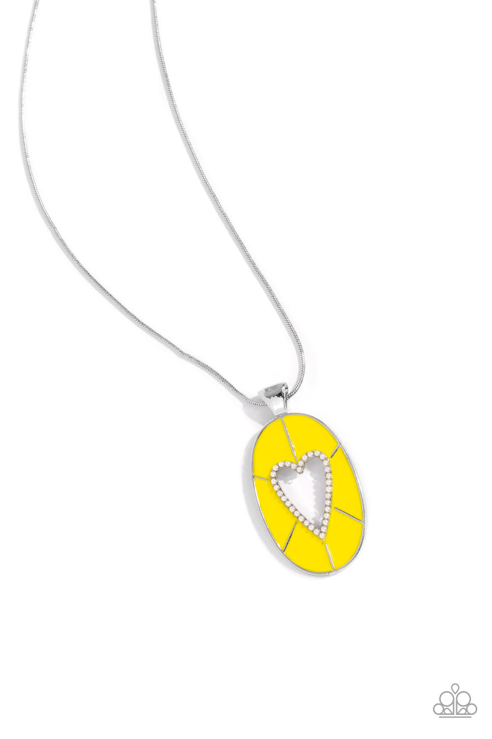 Paparazzi Accessories Airy Affection - Yellow Featuring High Visibility paint, a silver oval pendant with an airy heart silhouette swings from the bottom of a silver snake chain. Dainty white pearls dust along the heart's border for a refined flair. Featu