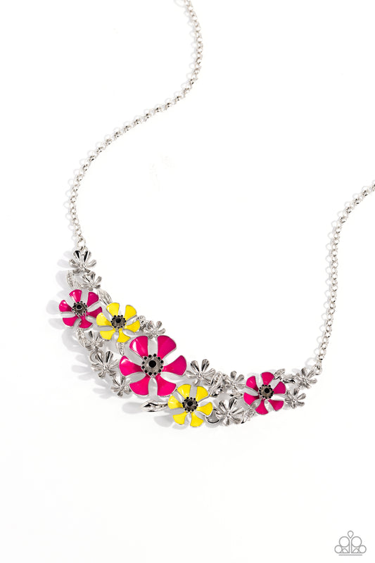 Paparazzi Accessories Blooming Practice - Pink Blooming silver flowers intermingle with Pink Peacock and High Visibility-painted smooth flowers with black-painted centers for a colorfully floral display below the collar. Features an adjustable clasp closu