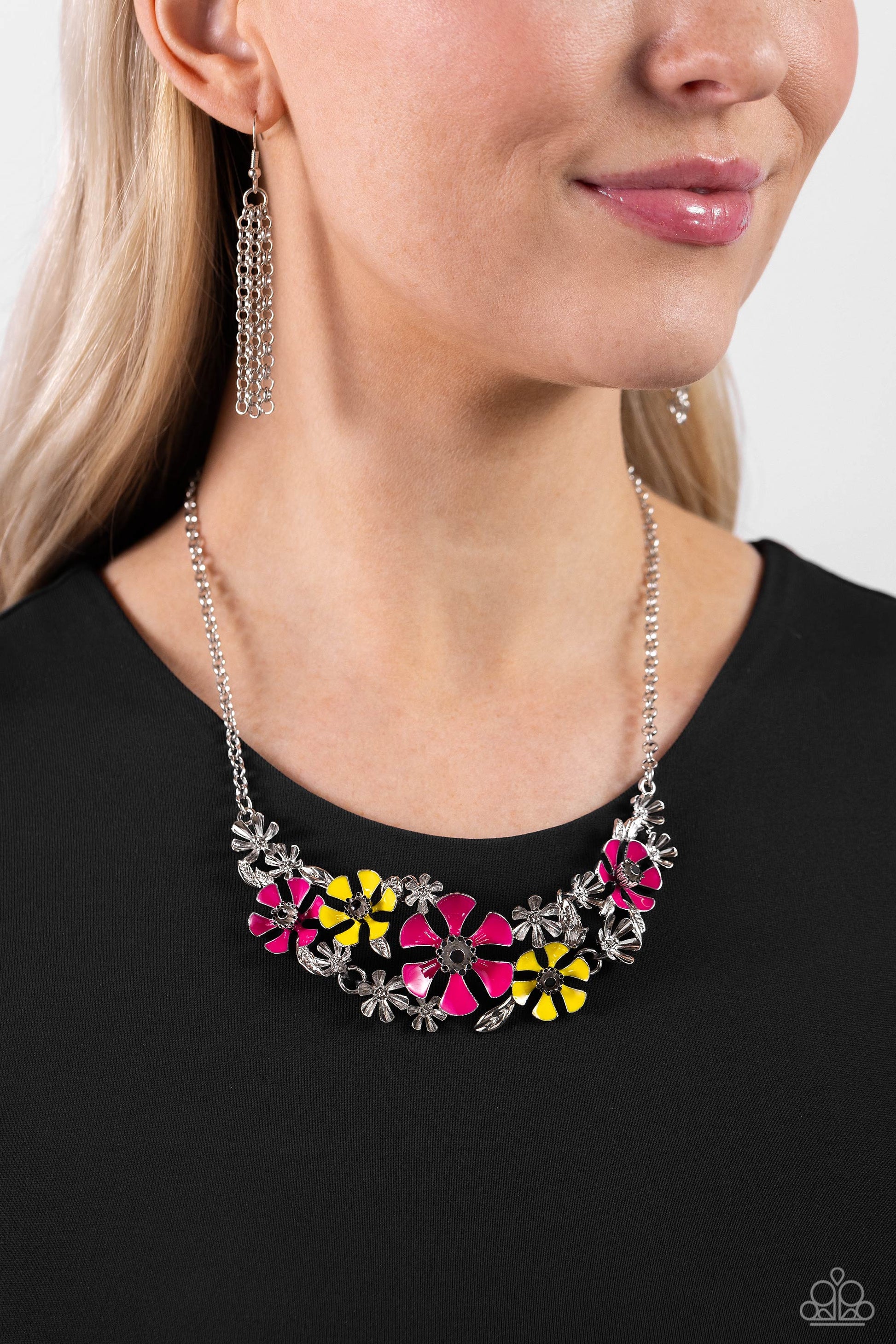 Paparazzi Accessories Blooming Practice - Pink Blooming silver flowers intermingle with Pink Peacock and High Visibility-painted smooth flowers with black-painted centers for a colorfully floral display below the collar. Features an adjustable clasp closu