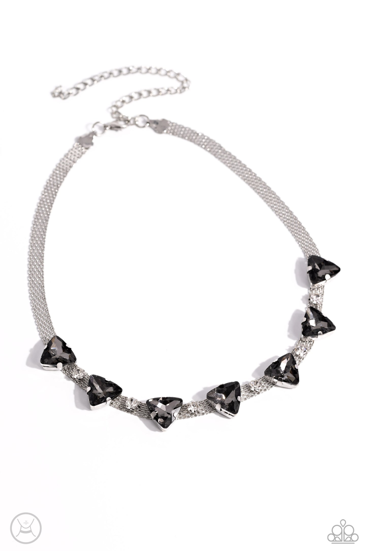 Paparazzi Accessories Strands of Sass - Silver Suspended from two silver fittings, a shimmery cascade of dainty silver chains layer around the collar for an industrial statement. Infused amongst the industrial strands, a collection of pronged white gems a