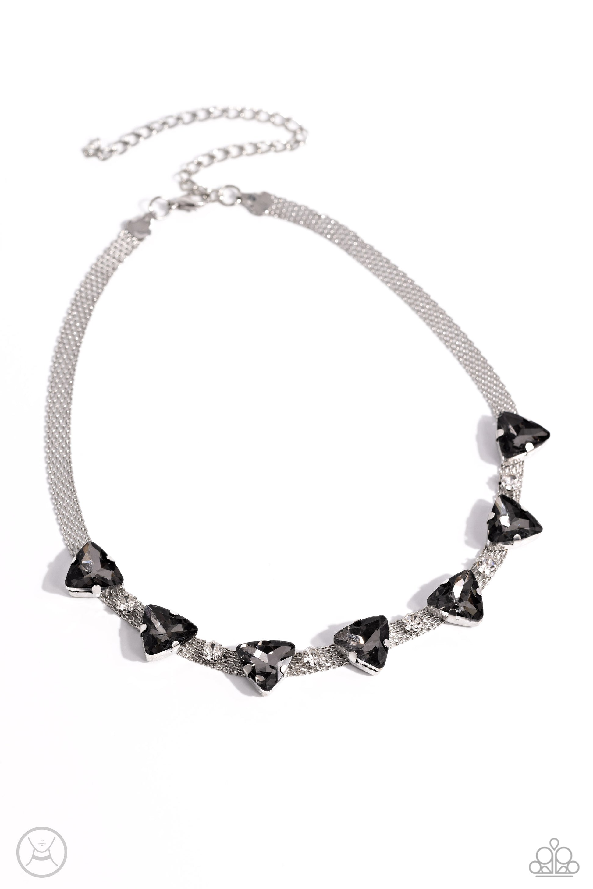 Paparazzi Accessories Strands of Sass - Silver Suspended from two silver fittings, a shimmery cascade of dainty silver chains layer around the collar for an industrial statement. Infused amongst the industrial strands, a collection of pronged white gems a