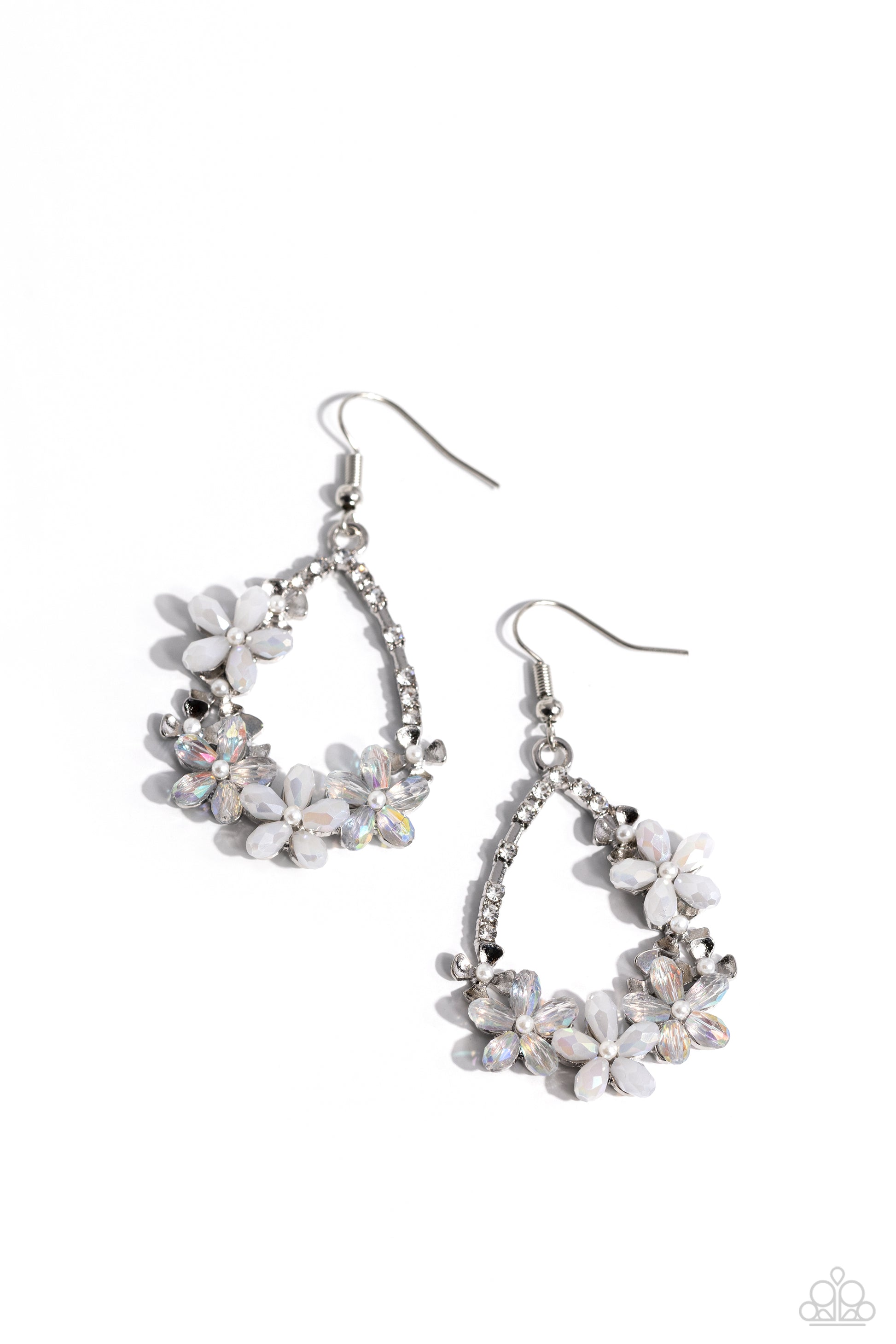 Paparazzi Accessories Boisterous Blooms - White Encrusted along an airy silver teardrop, a vivacious collection of matte and crystal-like white and iridescent flowers bloom next to silver flowers with dainty pearly centers. White rhinestones coalesce acro