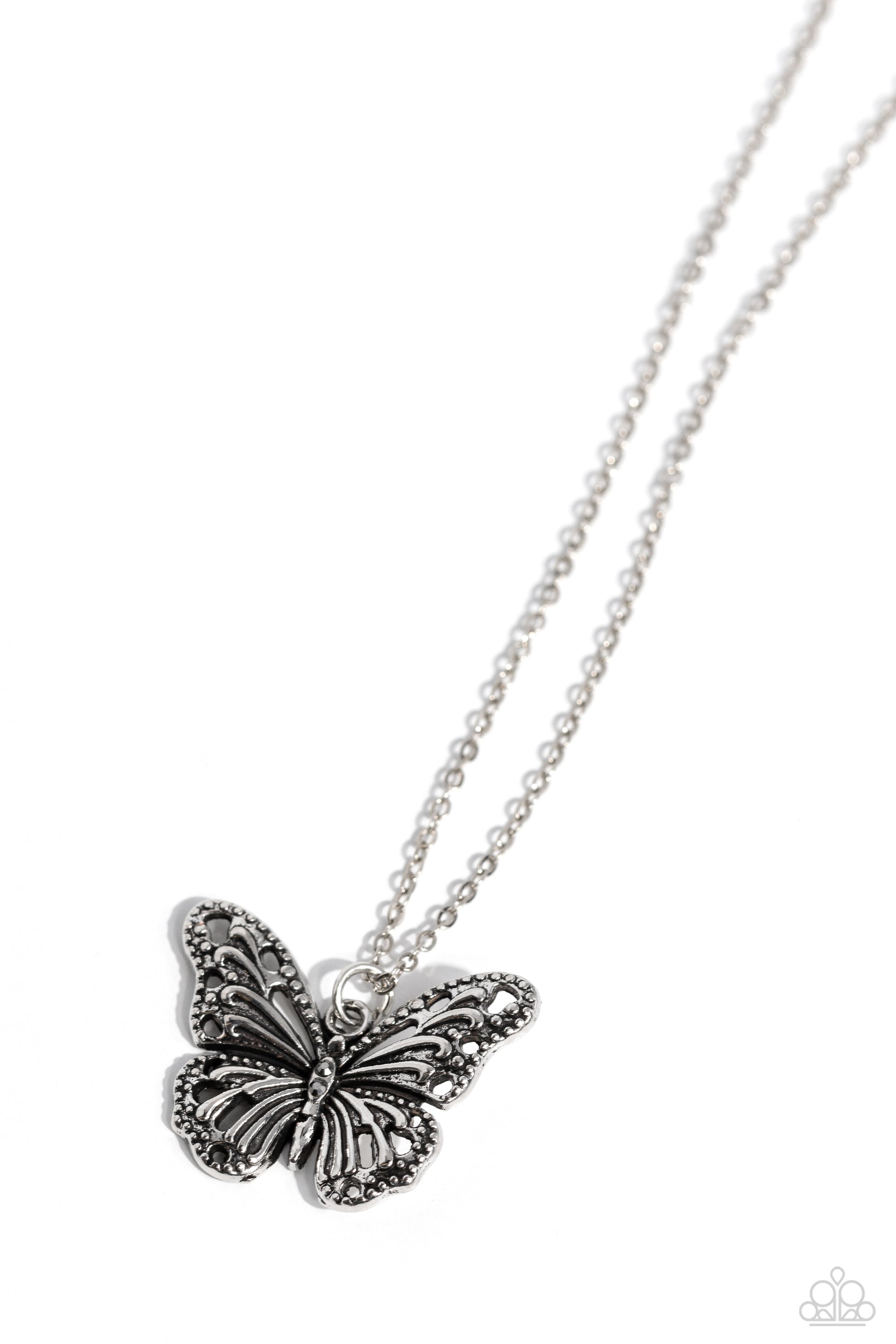 Paparazzi Accessories Textured Talent - Silver Filled with filigree, studded details, and dainty hematite accents, a rustic silver butterfly flutters from the bottom of a dainty silver chain for a whimsical fashion. Features an adjustable clasp closure. S