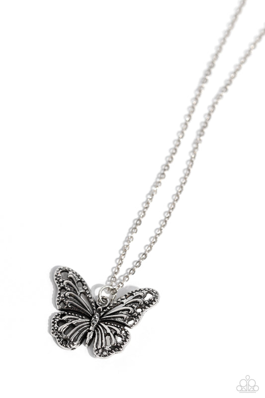 Paparazzi Accessories Textured Talent - Silver Filled with filigree, studded details, and dainty hematite accents, a rustic silver butterfly flutters from the bottom of a dainty silver chain for a whimsical fashion. Features an adjustable clasp closure. S