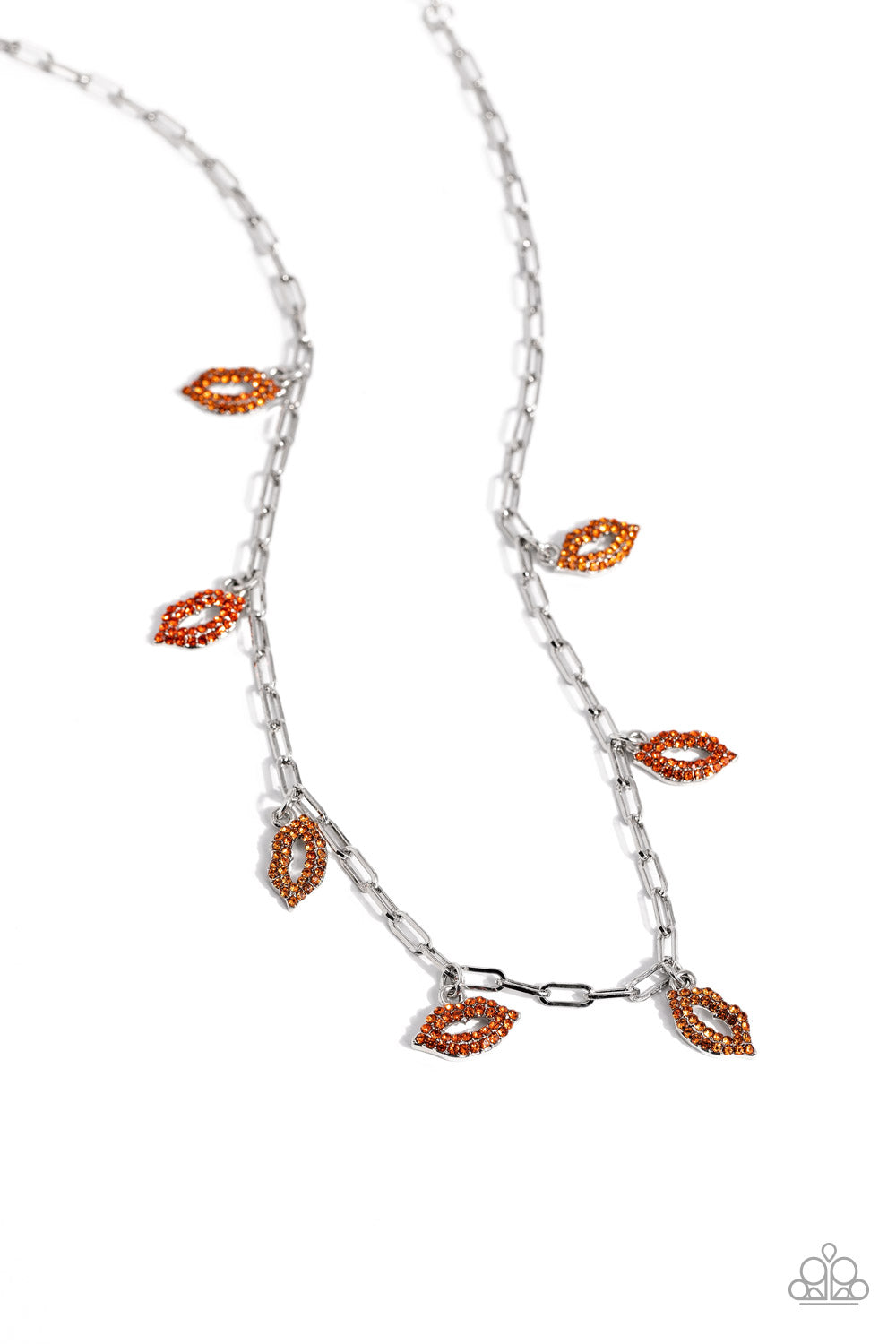Paparazzi Accessories KISS the Mark - Orange Gliding along a silver paperclip chain, a pouty collection of lip charms, each embossed in various shades of orange rhinestones, alternates below the collar for a love-struck fashion. Features an adjustable cla