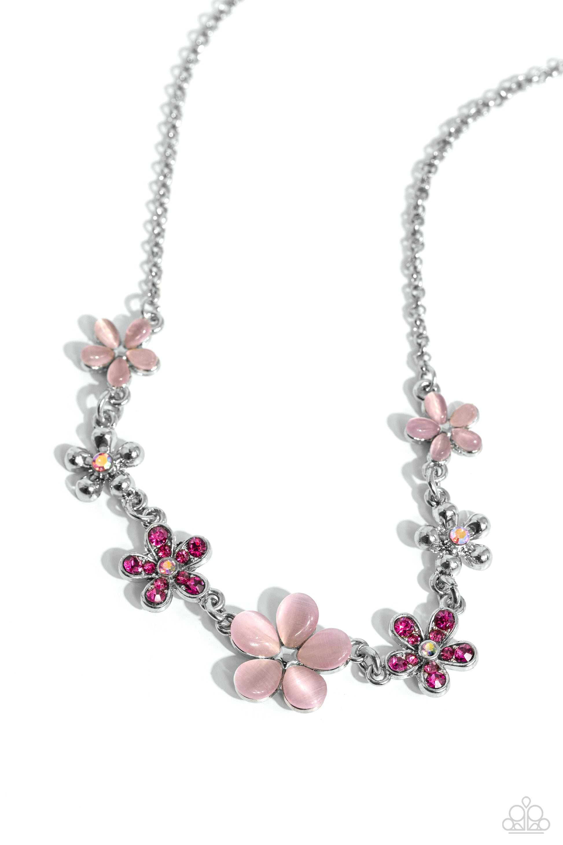 Paparazzi Accessories Spring Showcase - Pink Pink cat's eye stone petals bloom from silver stud centers, linking into various sizes of ethereal blossoms below the collar on a dainty silver chain. Silver-studded petals bloom from pink iridescent rhinestone