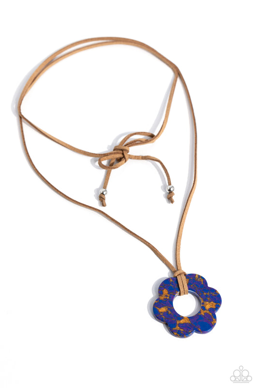 Paparazzi Accessories Tied Triumph - Multi Featuring purple and brown marbling, an airy blue flower is knotted at the bottom of a lengthened strand of brown suede for a southwestern-inspired statement. Features an adjustable tie closure. Sold as one indiv