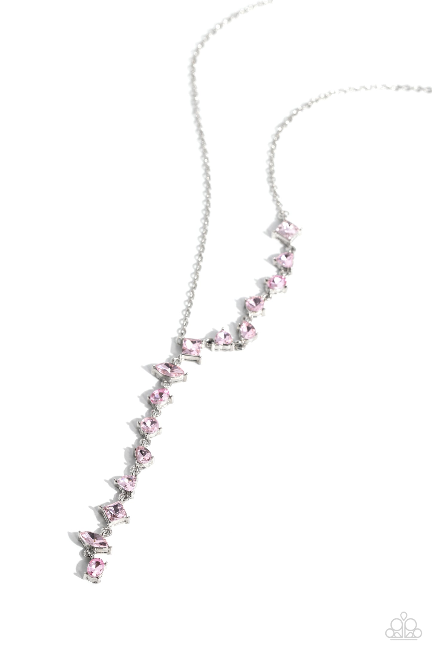 Paparazzi Accessories Diagonal Daydream - Pink Featuring pronged fittings, a collection of baby pink square-cut, heart, oval, round, and teardrop gems cascade down the neckline in a diagonal pattern, creating an intense, incandescent statement piece. Feat