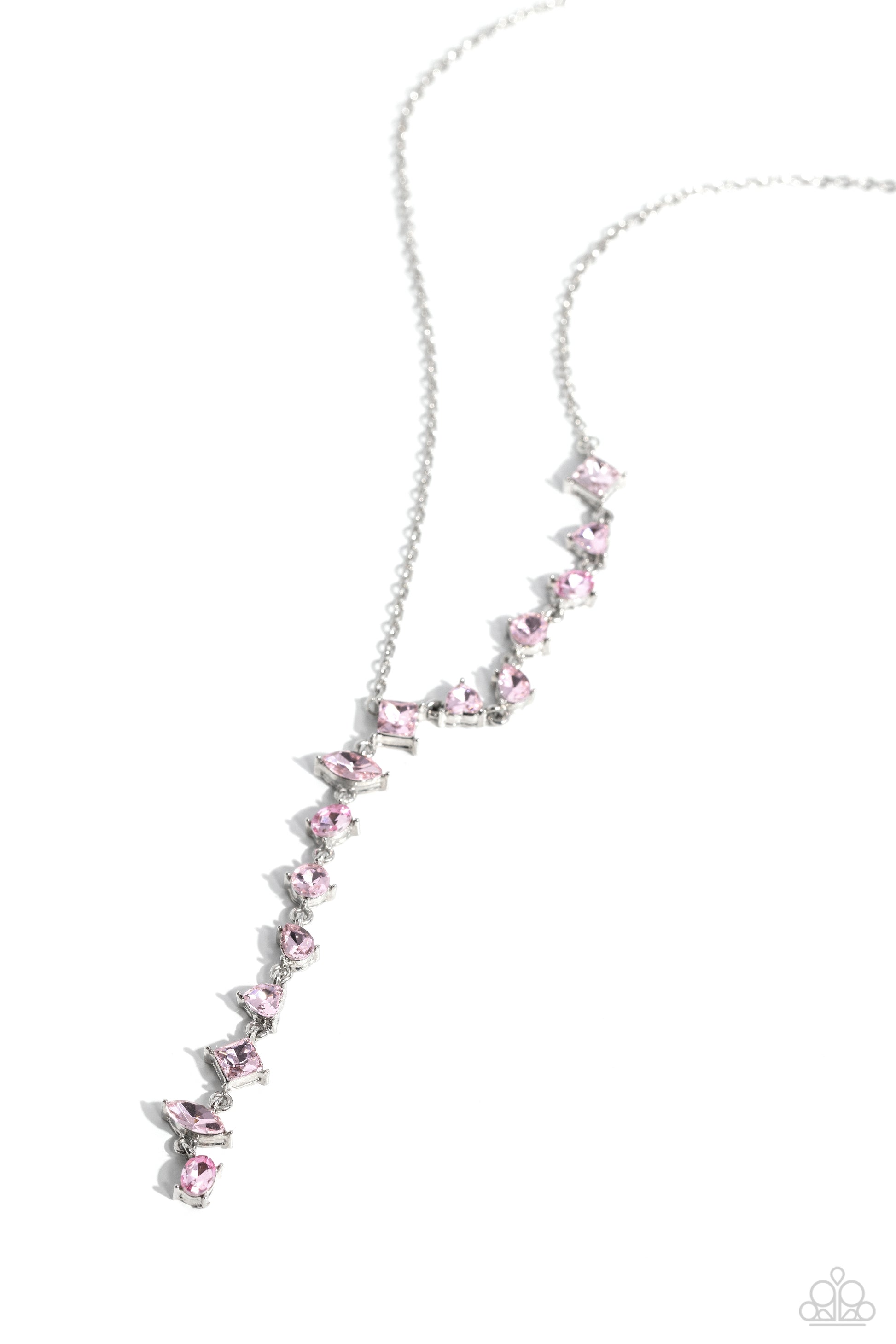 Paparazzi Accessories Diagonal Daydream - Pink Featuring pronged fittings, a collection of baby pink square-cut, heart, oval, round, and teardrop gems cascade down the neckline in a diagonal pattern, creating an intense, incandescent statement piece. Feat