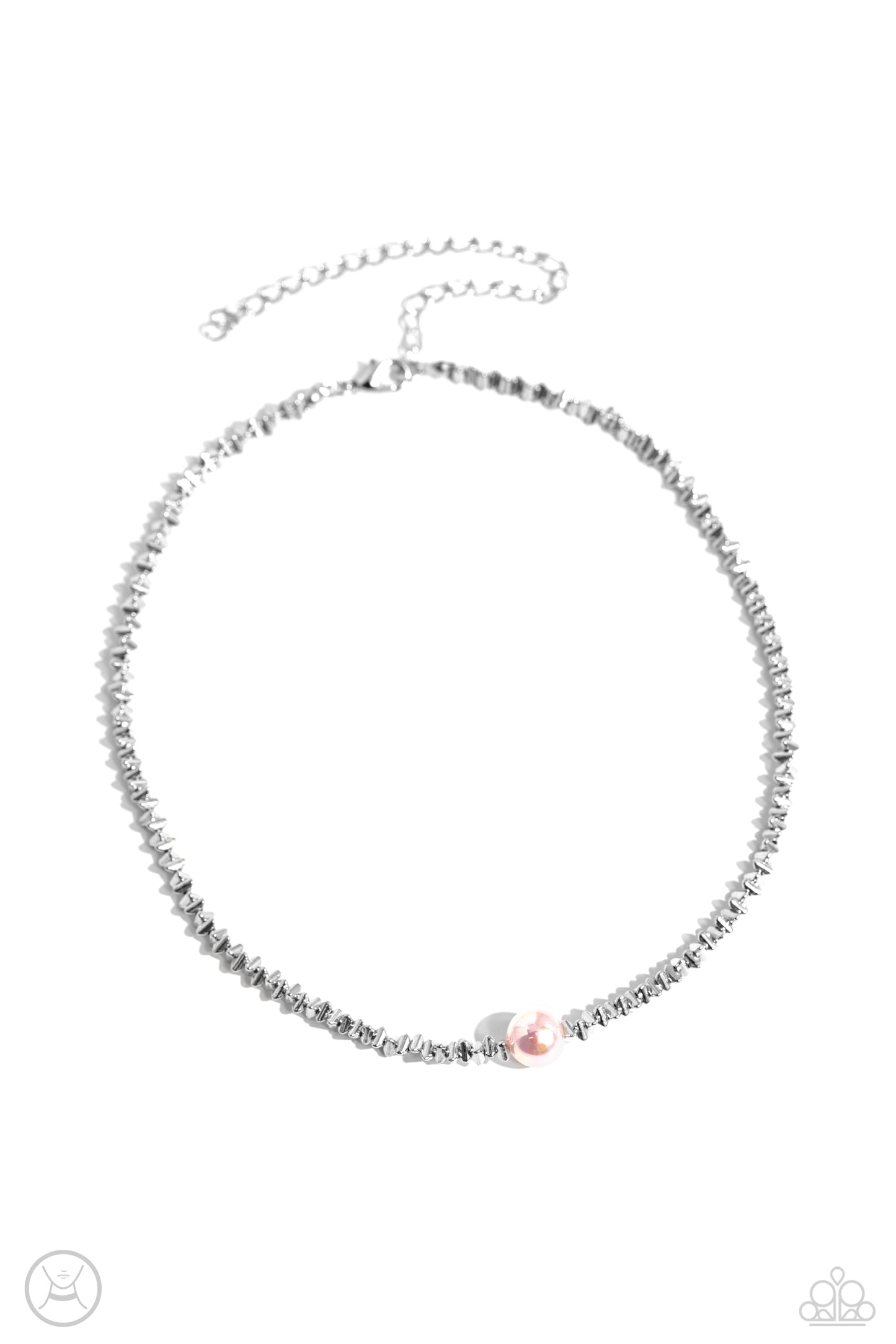 Paparazzi Accessories Tasteful Triangles - Pink Infused along an invisible string, an edgy collection of high-sheen silver triangle beads coalesces around the collar to meet a baby pink pearl at its center for a refining finish. Features an adjustable cla