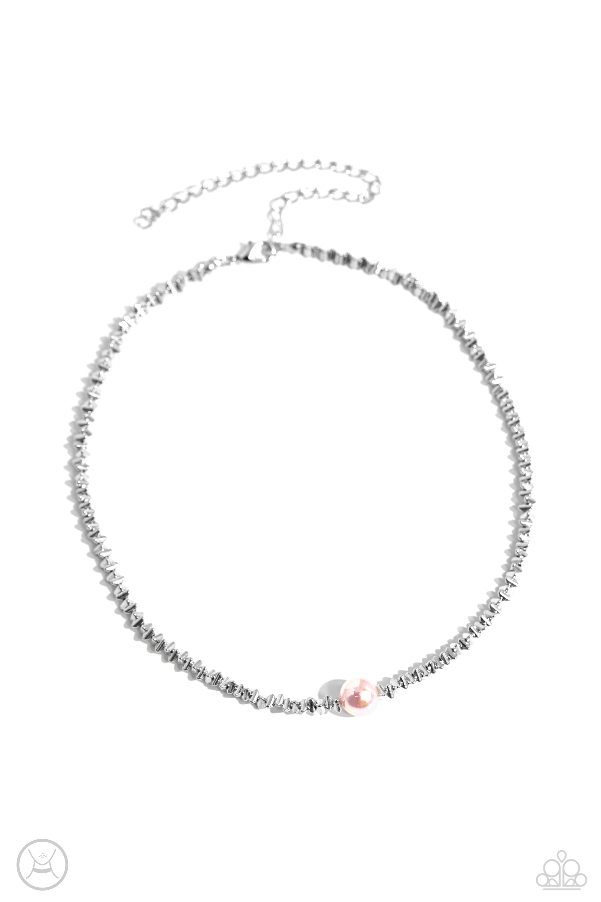 Paparazzi Accessories Tasteful Triangles - Pink Infused along an invisible string, an edgy collection of high-sheen silver triangle beads coalesces around the collar to meet a baby pink pearl at its center for a refining finish. Features an adjustable cla