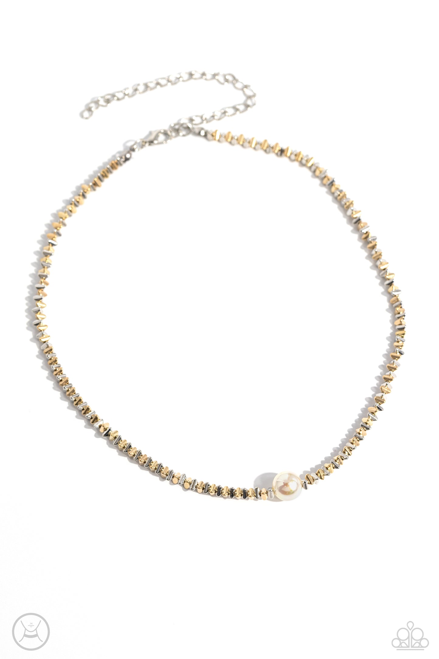 Paparazzi Accessories Tasteful Triangles - Multi Infused along an invisible string, an edgy collection of high-sheen silver and gold triangle beads coalesces around the collar to meet a white pearl at its center for a refining finish. Features an adjustab