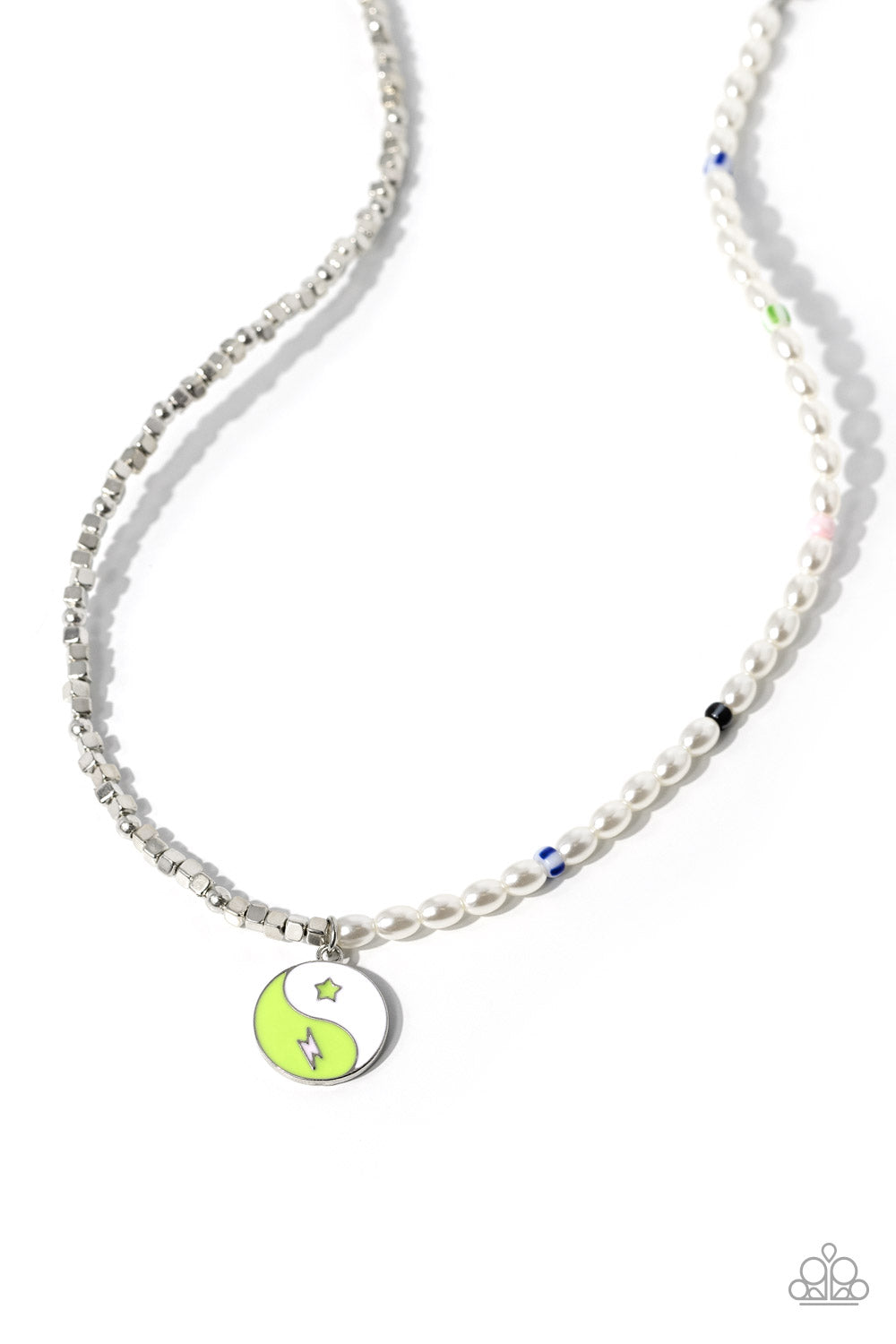 Paparazzi Accessories Youthful Yin and Yang - Green A strand of oval white pearls, sporadically infused with multicolored-striped beads, collides with cubed silver beads and studs to create an abstract blend of elegance and sheen. A yin-yang charm featuri