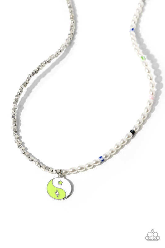Paparazzi Accessories Youthful Yin and Yang - Green A strand of oval white pearls, sporadically infused with multicolored-striped beads, collides with cubed silver beads and studs to create an abstract blend of elegance and sheen. A yin-yang charm featuri