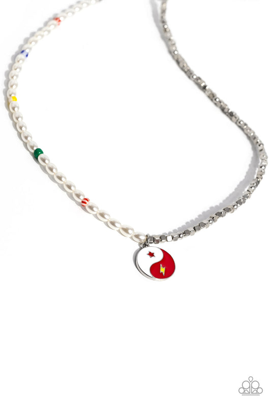 Paparazzi Accessories Youthful Yin and Yang - Red A strand of oval white pearls, sporadically infused with multicolored-striped beads, collides with cubed silver beads and studs to create an abstract blend of elegance and sheen. A yin-yang charm featuring