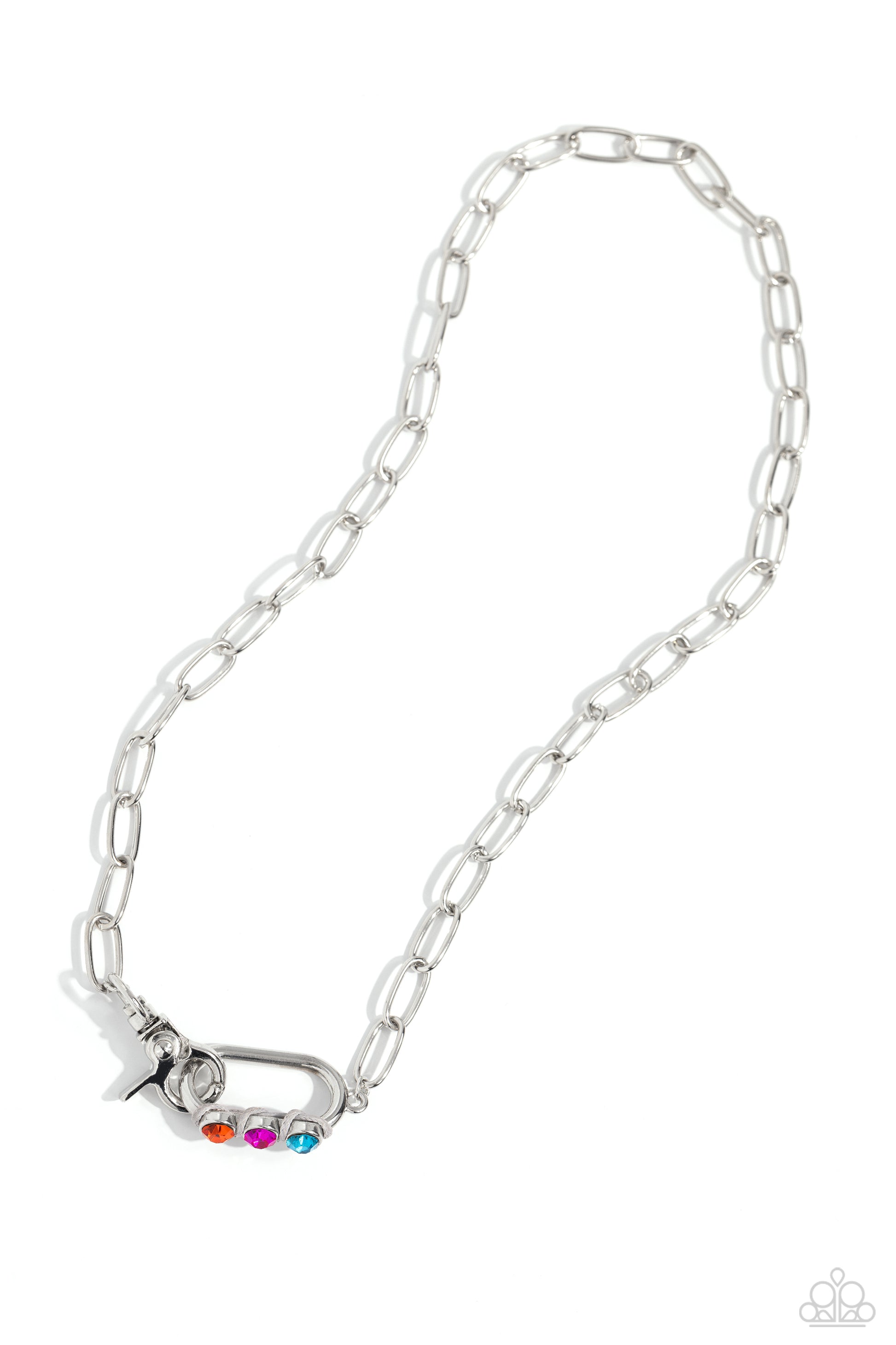 Paparazzi Accessories Dont Want to Miss a STRING - Silver Sleek, elongated silver links lead the eye down to an oversized silver carabiner frame. Encrusted along the bottom curve of the silver hardware, a trio of multicolored gems, woven across gray cordi