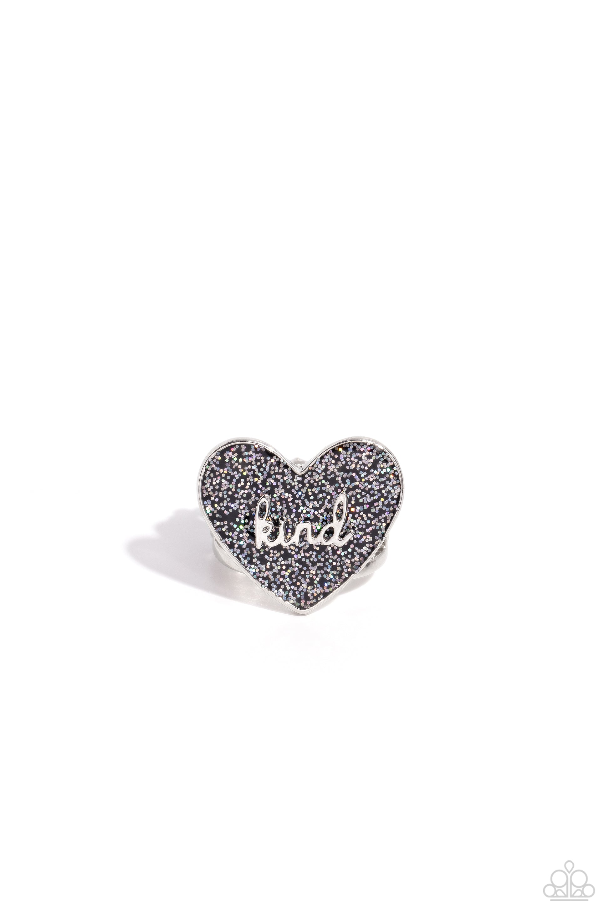 Paparazzi Accessories Compassionate Couture - Black Brushed in a glittery iridescent finish, a black heart frame rests atop airy silver bands for a retro glamorous look. The word "kind" is centered atop the heart frame for an optimistic finish. Features a
