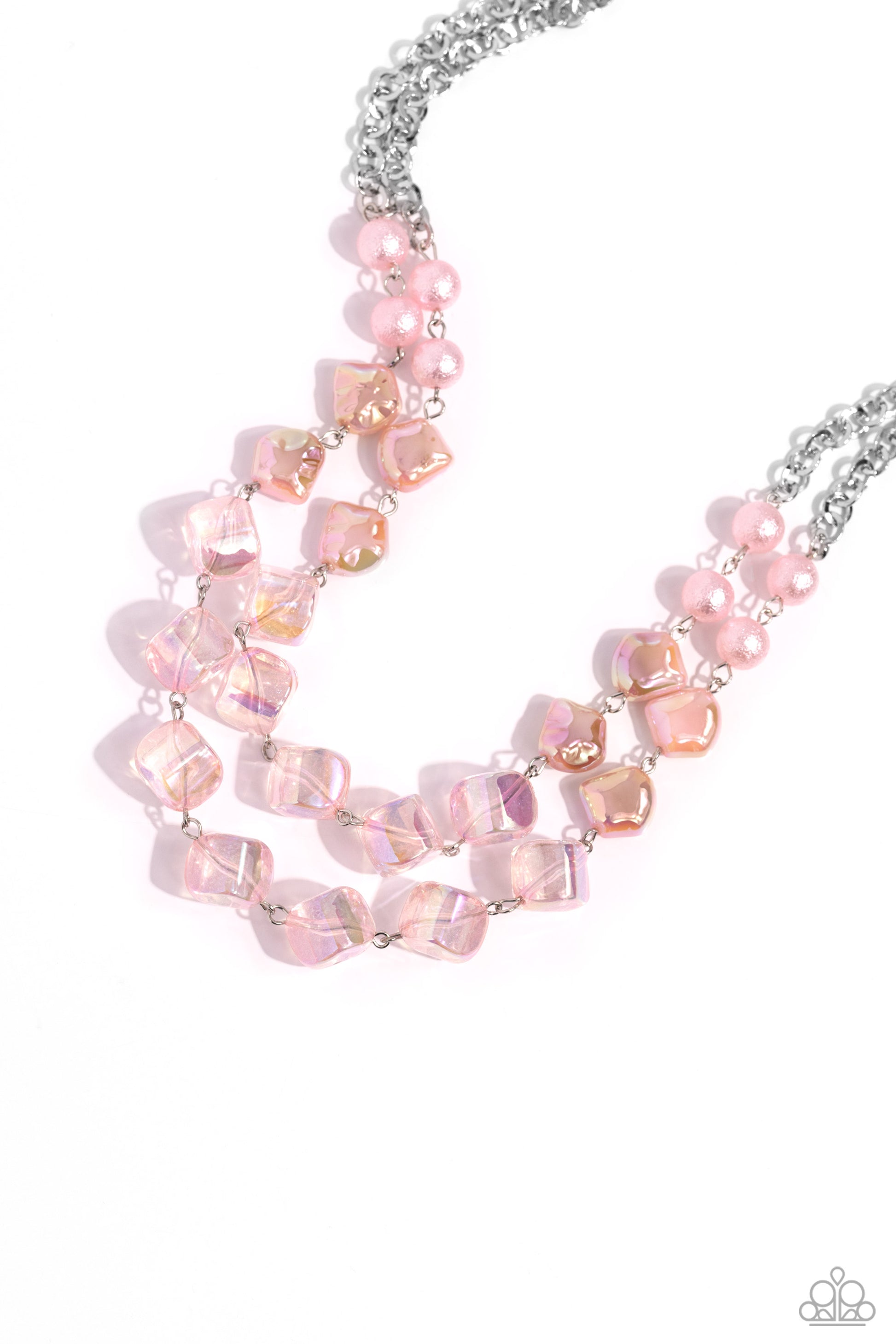 Paparazzi Accessories Eclectic Embellishment - Pink Featuring a subtle scratch surface, a bubbly collection of baby pink pearls, abstract baby pink iridescent beads, and sparkly crystal-like baby pink beads are threaded along metallic rods that trickle in