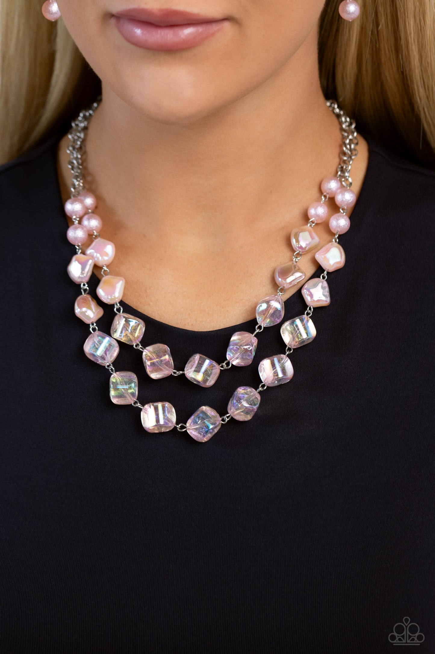 Paparazzi Accessories Eclectic Embellishment - Pink Featuring a subtle scratch surface, a bubbly collection of baby pink pearls, abstract baby pink iridescent beads, and sparkly crystal-like baby pink beads are threaded along metallic rods that trickle in
