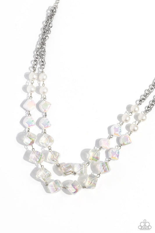 Paparazzi Accessories Eclectic Embellishment - White Featuring a subtle scratch surface, a bubbly collection of white pearls, abstract iridescent beads, and sparkly crystal-like iridescent beads are threaded along metallic rods that trickle in a two-layer