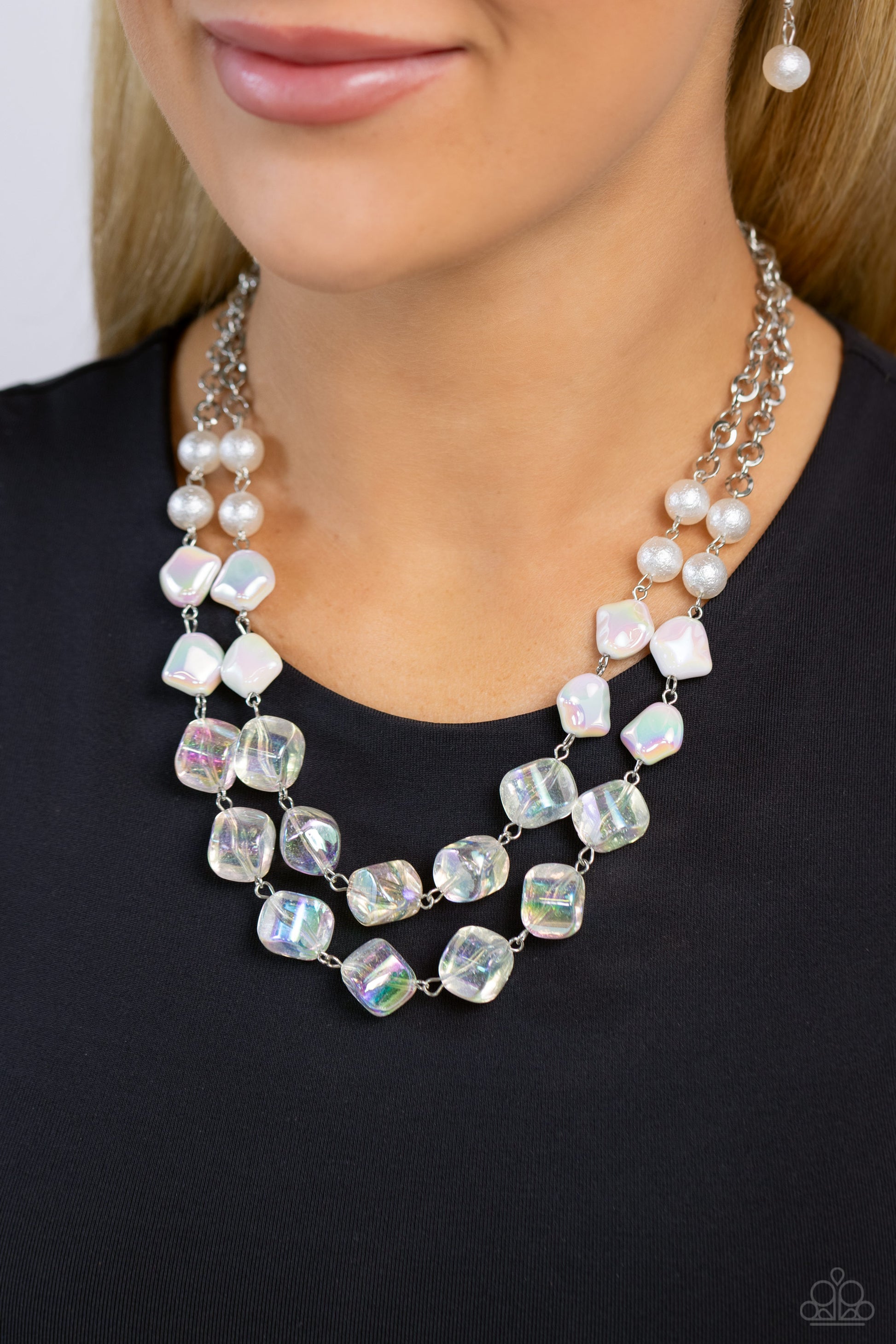 Paparazzi Accessories Eclectic Embellishment - White Featuring a subtle scratch surface, a bubbly collection of white pearls, abstract iridescent beads, and sparkly crystal-like iridescent beads are threaded along metallic rods that trickle in a two-layer