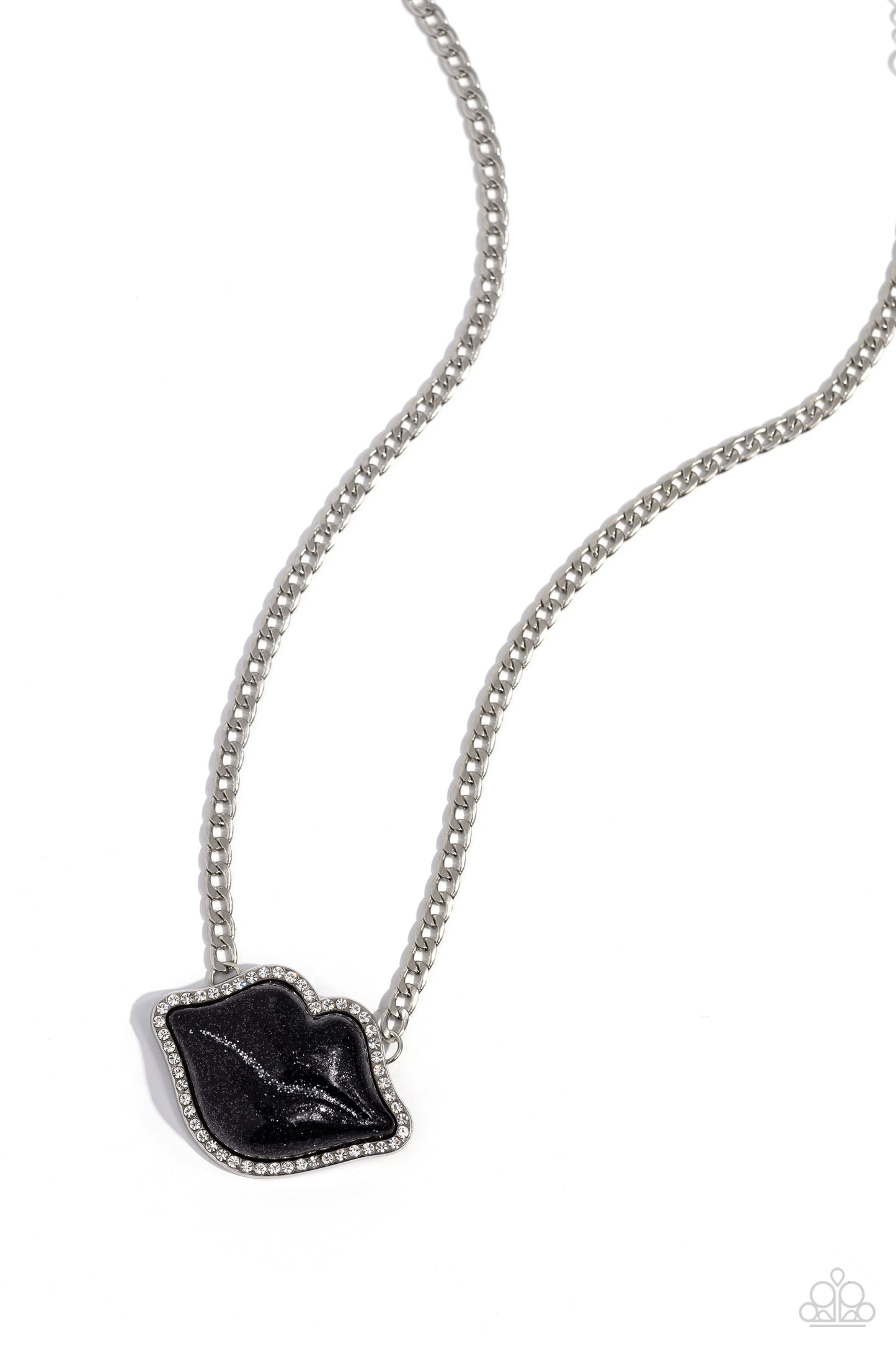 Paparazzi Accessories Lip Locked - Black Featuring a glittery finish, an oversized black lip pendant swings from the bottom of a silver link chain below the collar for a romantic statement. White rhinestones border the charm for additional stunning detail
