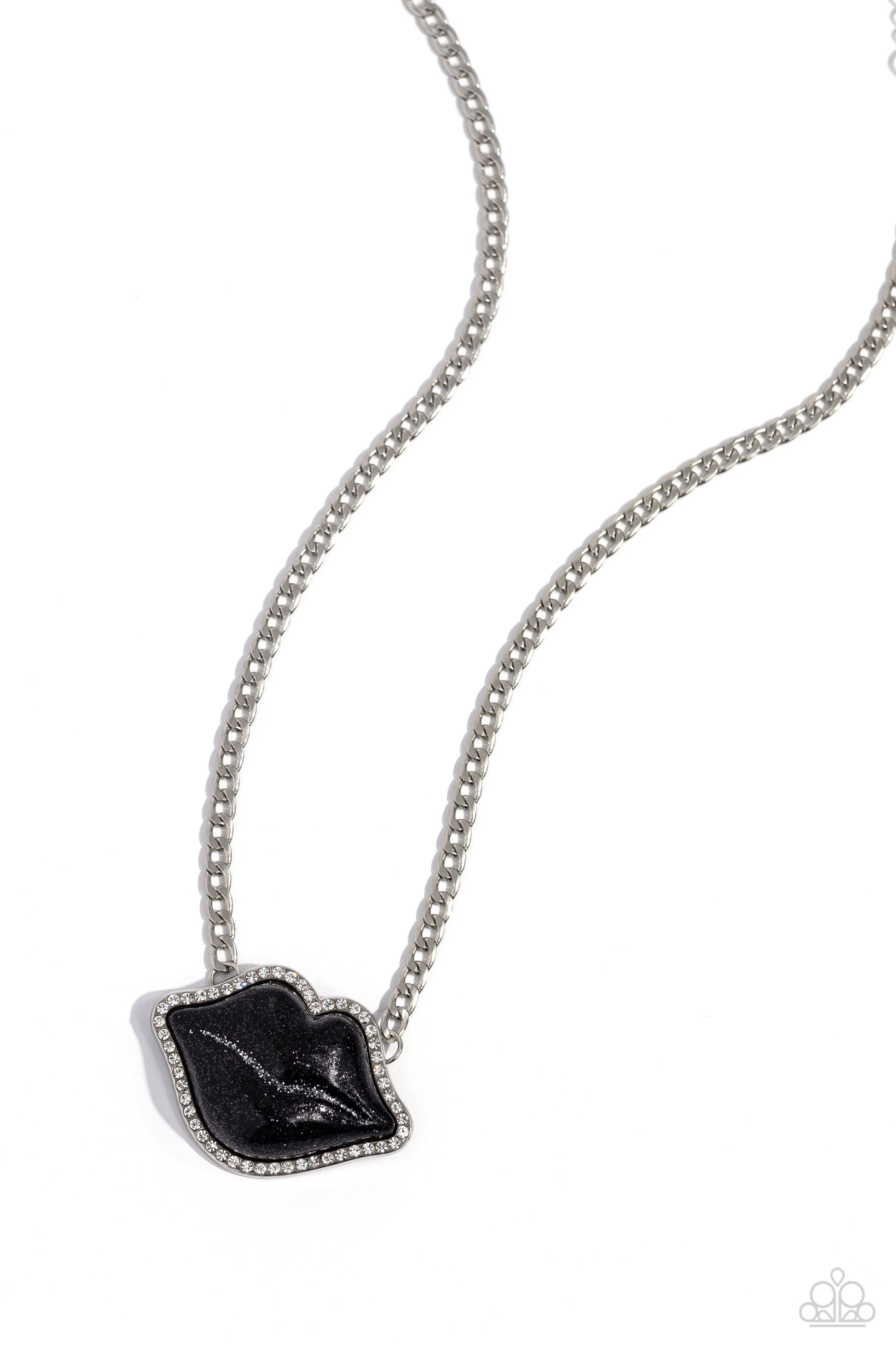 Paparazzi Accessories Lip Locked - Black Featuring a glittery finish, an oversized black lip pendant swings from the bottom of a silver link chain below the collar for a romantic statement. White rhinestones border the charm for additional stunning detail