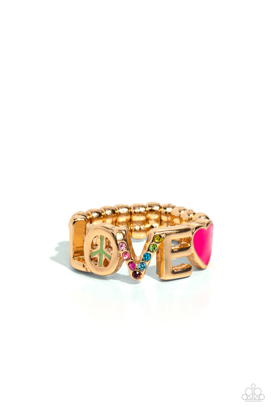 Paparazzi Accessories Unlimited Love - Gold Glistening silver letters arc across the finger, forming the word "LOVE" for a causally romantic finish. The letter "O" features a Classic Green-painted peace sign, the letter "V" features various shades of mult