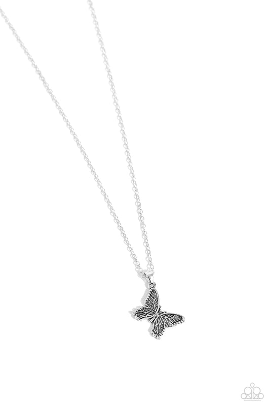 Paparazzi Accessories Midair Magic - Silver Featuring linear textures, a tilted silver butterfly flutters down the neckline from a dainty silver chain for a whimsical centerpiece. Features an adjustable clasp closure. Sold as one individual necklace. Incl