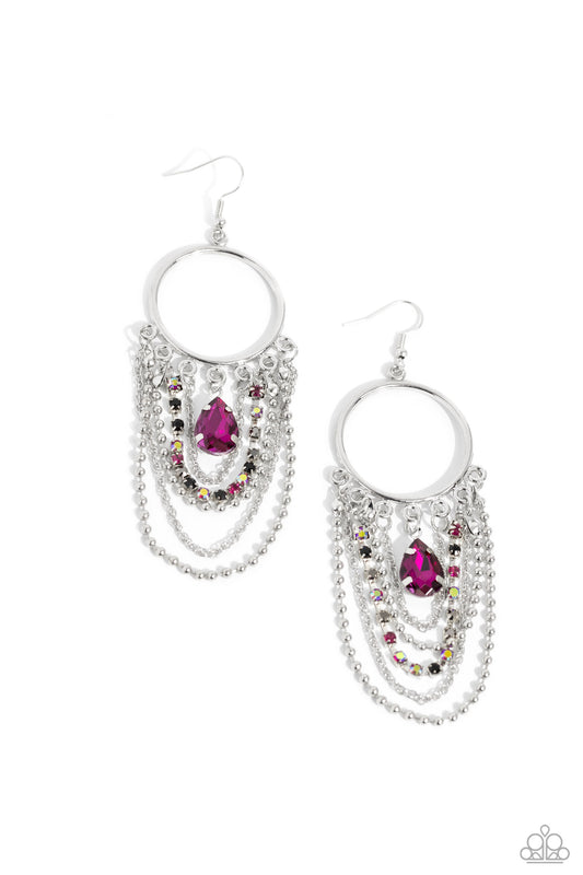 Paparazzi Accessories Cascading Clash - Multi Mismatched silver chains, multicolored rhinestones in square silver fittings, and a fuchsia faceted teardrop swing from the bottom of a shimmery silver hoop for an edgy look. Earring attaches to a standard fis