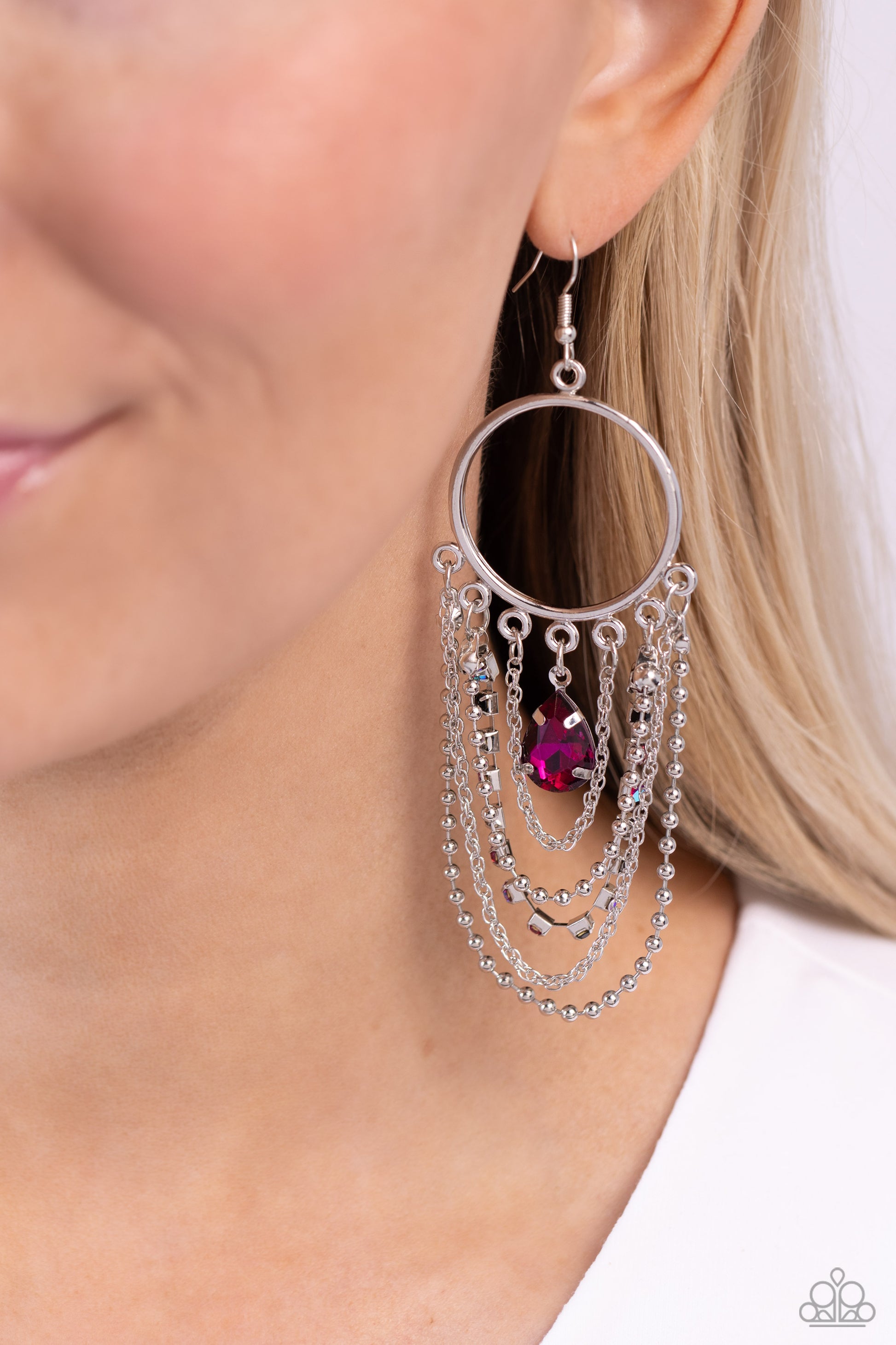 Paparazzi Accessories Cascading Clash - Multi Mismatched silver chains, multicolored rhinestones in square silver fittings, and a fuchsia faceted teardrop swing from the bottom of a shimmery silver hoop for an edgy look. Earring attaches to a standard fis