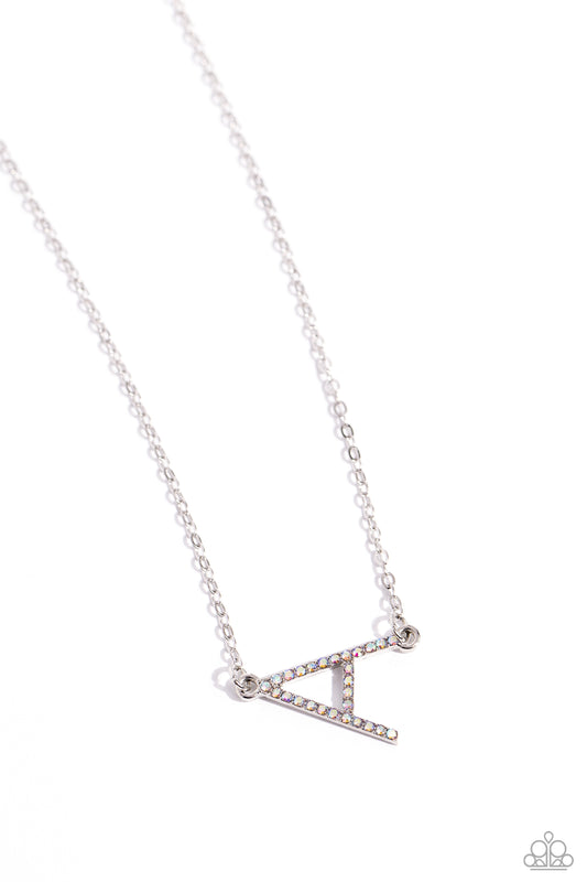 Paparazzi Accessories INITIALLY Yours - A - Multi Embossed with dainty iridescent rhinestones, a silver letter "A" hovers below the collar from a dainty silver chain, for a sentimentally simple design. Features an adjustable clasp closure. Due to its pris
