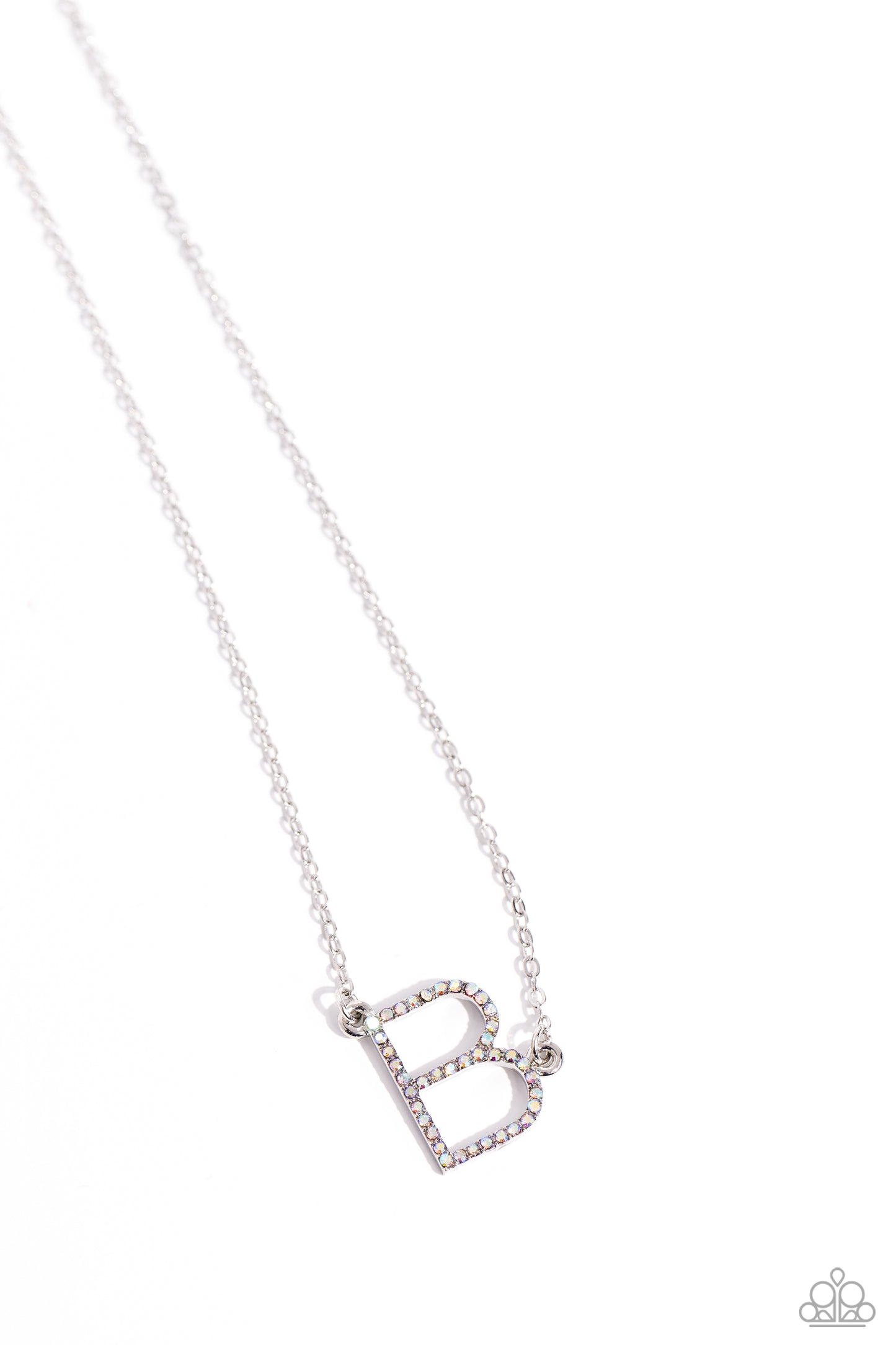 Paparazzi Accessories INITIALLY Yours - B - Multi Embossed with dainty iridescent rhinestones, a silver letter "B" hovers below the collar from a dainty silver chain, for a sentimentally simple design. Features an adjustable clasp closure. Due to its pris