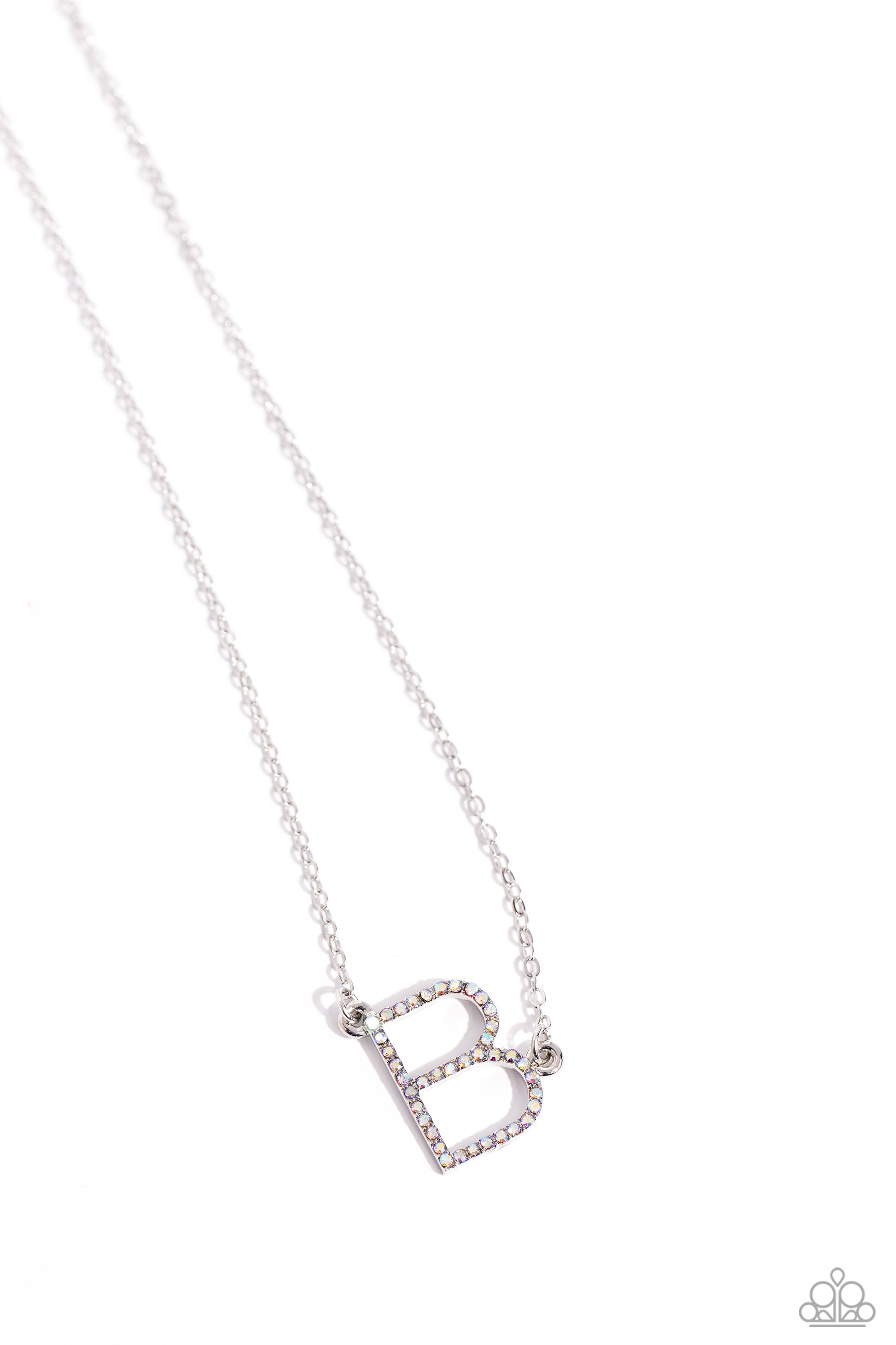 Paparazzi Accessories INITIALLY Yours - B - Multi Embossed with dainty iridescent rhinestones, a silver letter "B" hovers below the collar from a dainty silver chain, for a sentimentally simple design. Features an adjustable clasp closure. Due to its pris