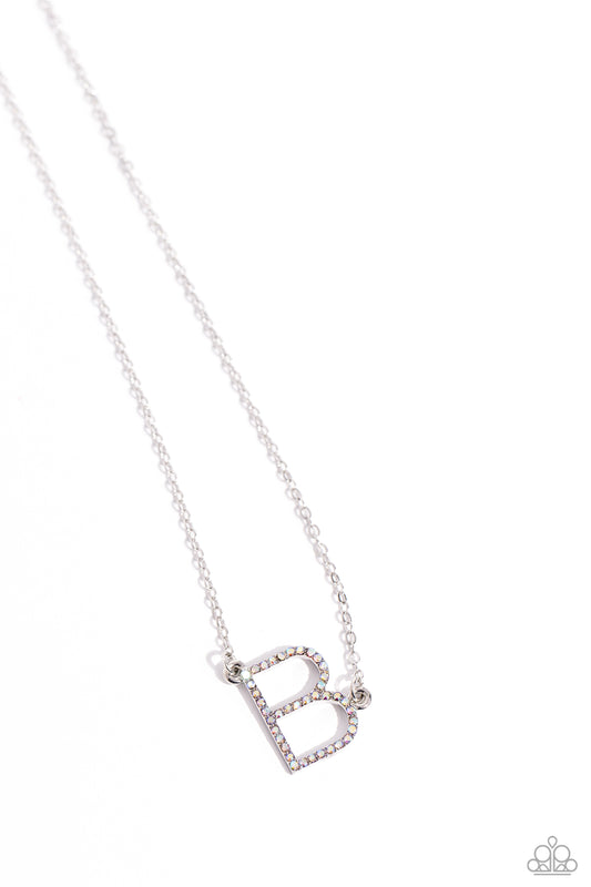Paparazzi Accessories INITIALLY Yours - B - Multi Embossed with dainty iridescent rhinestones, a silver letter "B" hovers below the collar from a dainty silver chain, for a sentimentally simple design. Features an adjustable clasp closure. Due to its pris